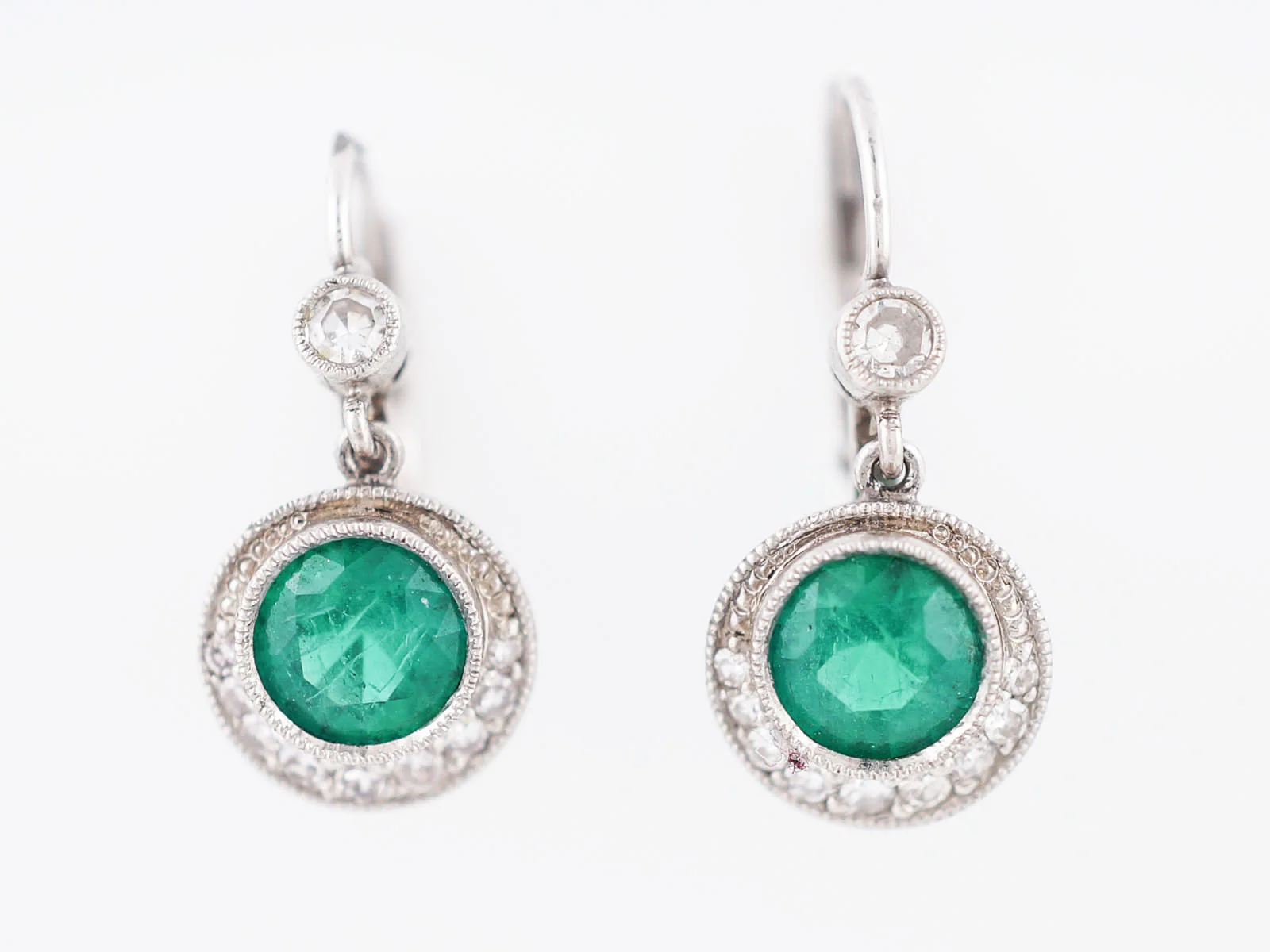 Modern Earrings 2.00 Round Cut Emeralds & .24 Round Brilliant Cut Diamonds in Platinum