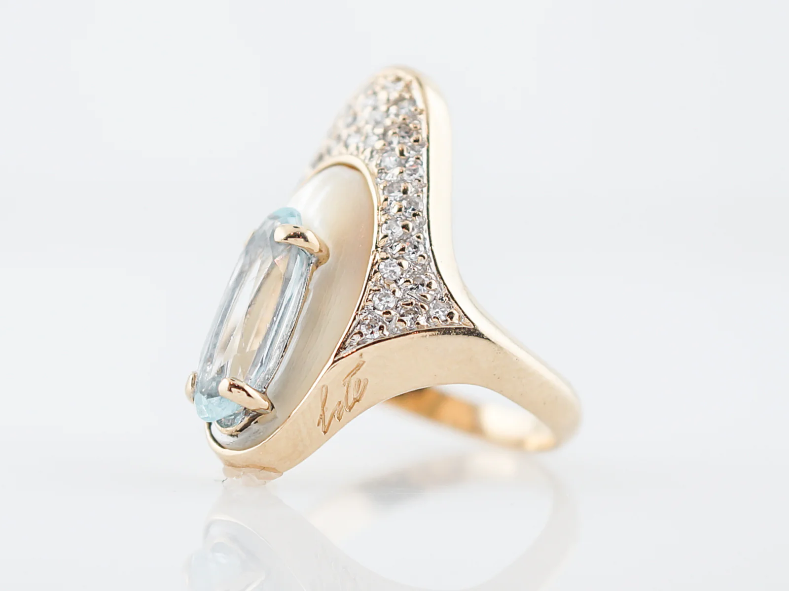 Modern Erte Right Hand Ring 1.80 Oval Cut Blue Topaz in 14k Yellow Gold - Image 2
