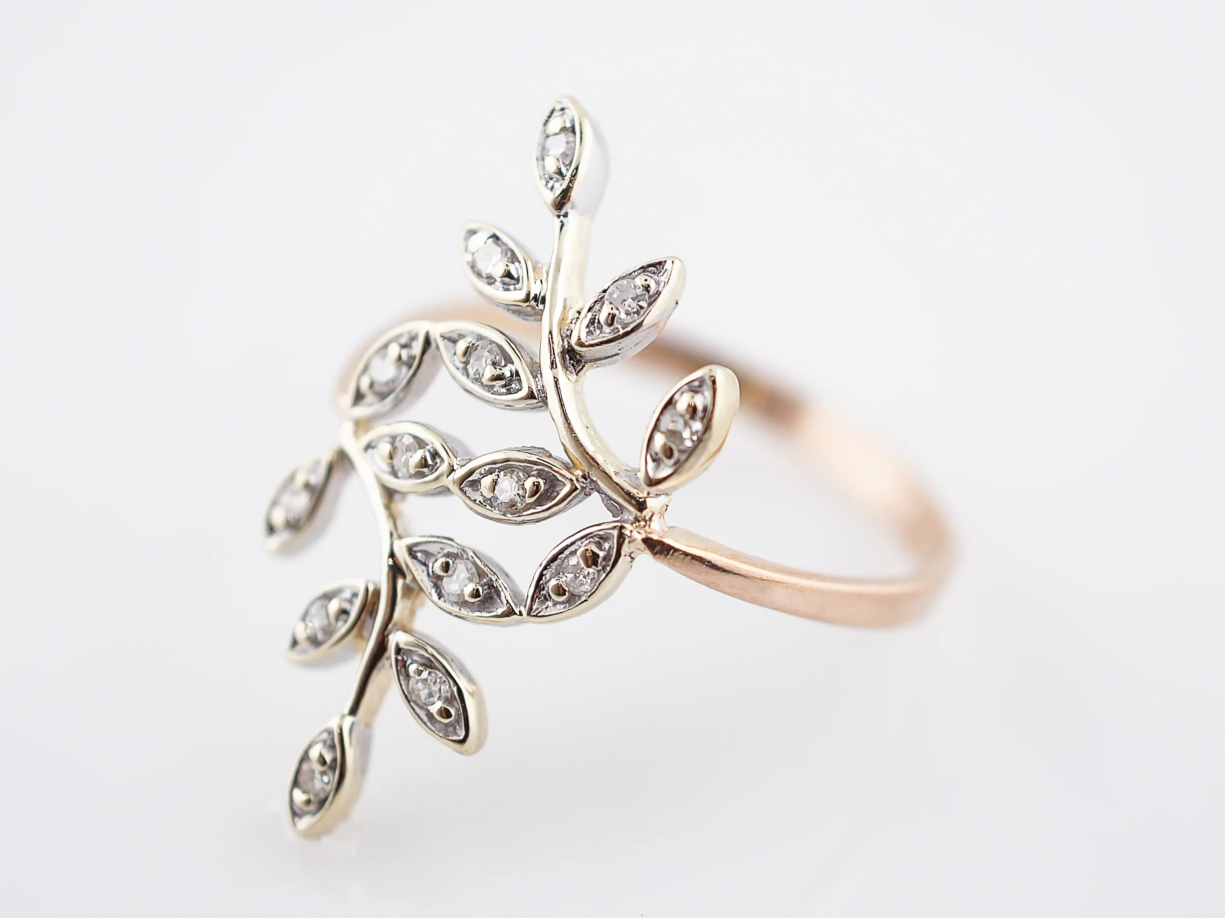 Modern Leaf Motif Ring .14 Single Cut Diamonds in 14K Rose & Yellow Gold - Image 2