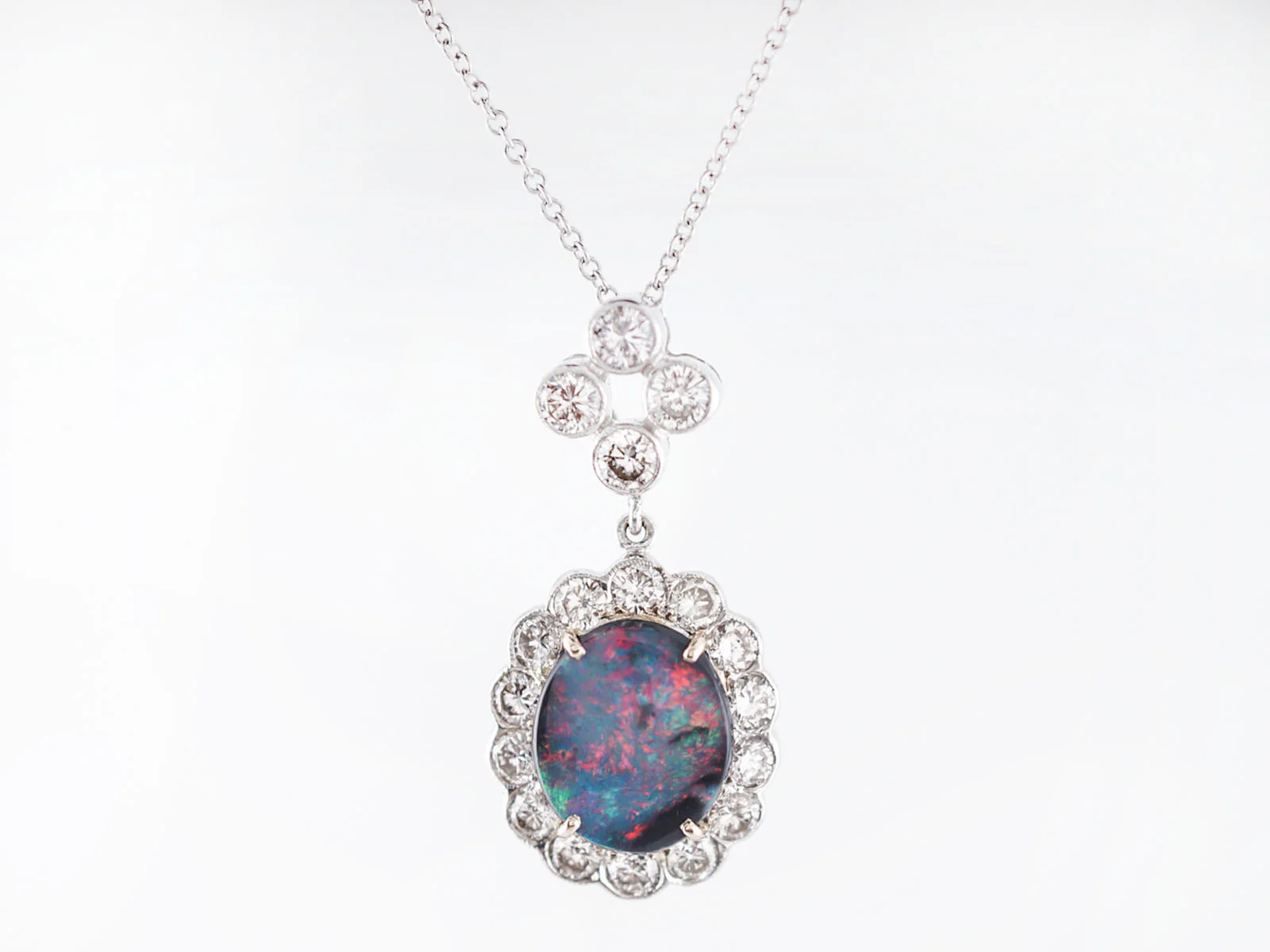 Modern Necklace 1.15 Cabochon Cut Opal 1.24 Round Brilliant Cut Diamonds in 18k White Gold