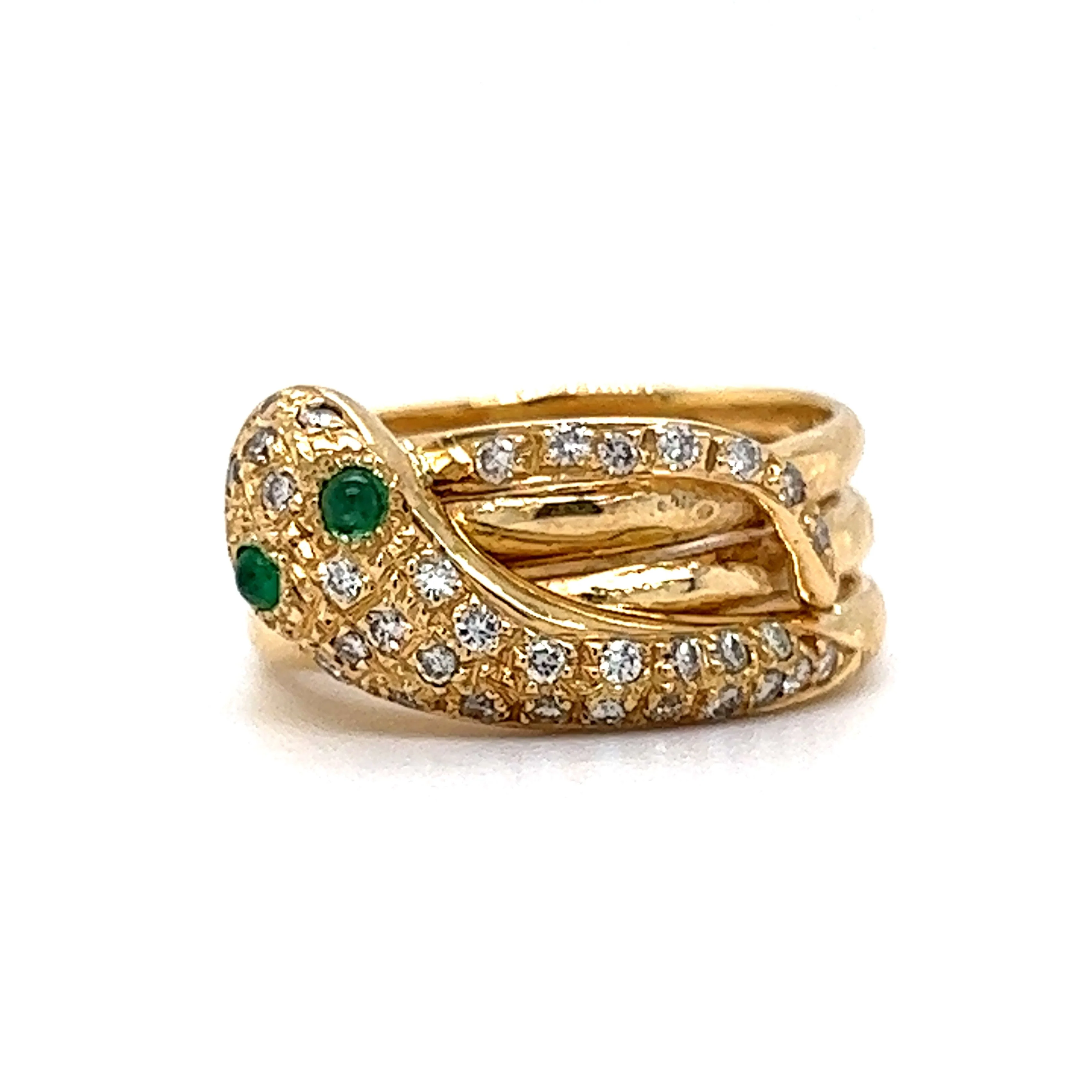Modern Pave Diamond & Emerald Snake Ring in 18k Yellow Gold