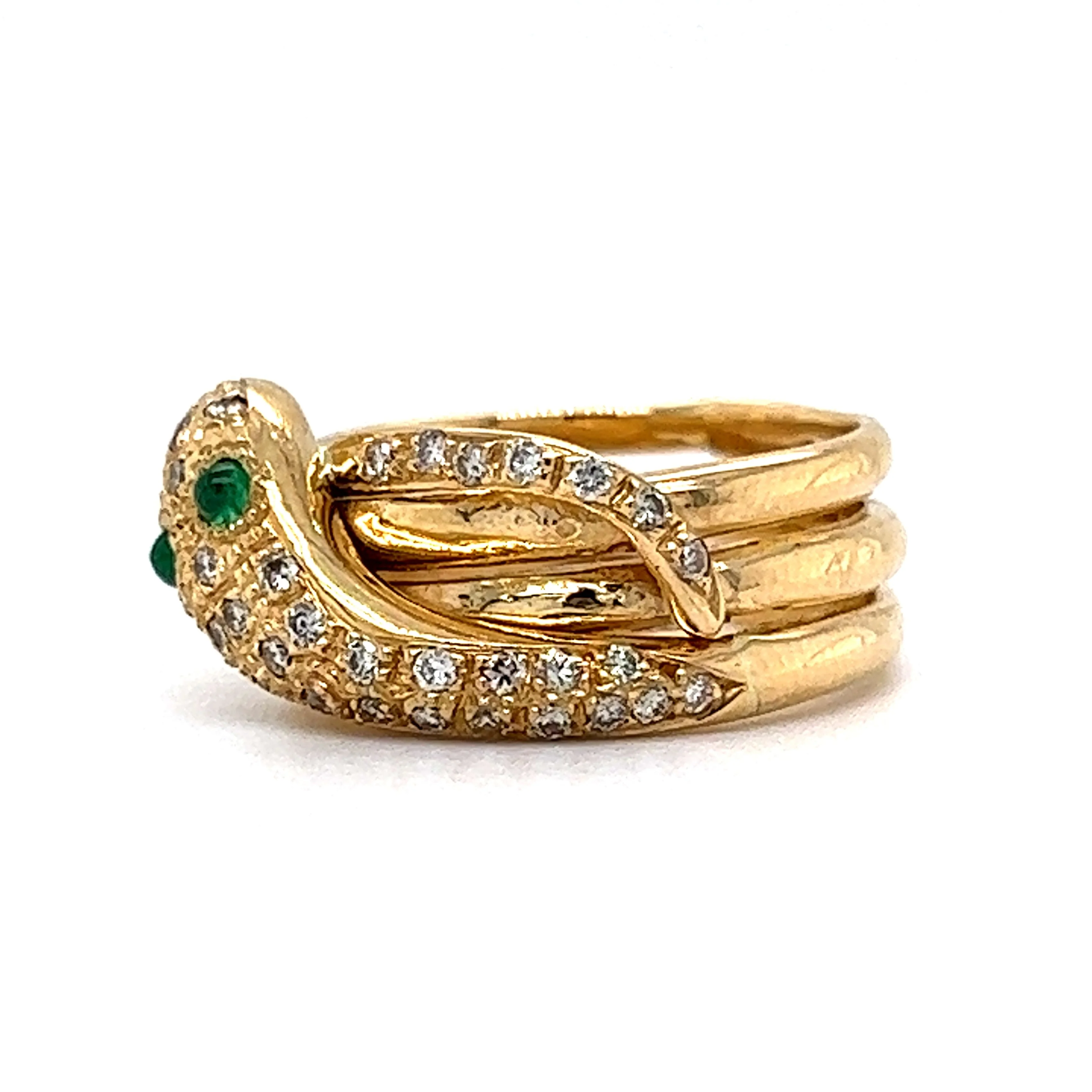 Modern Pave Diamond & Emerald Snake Ring in 18k Yellow Gold - Image 2