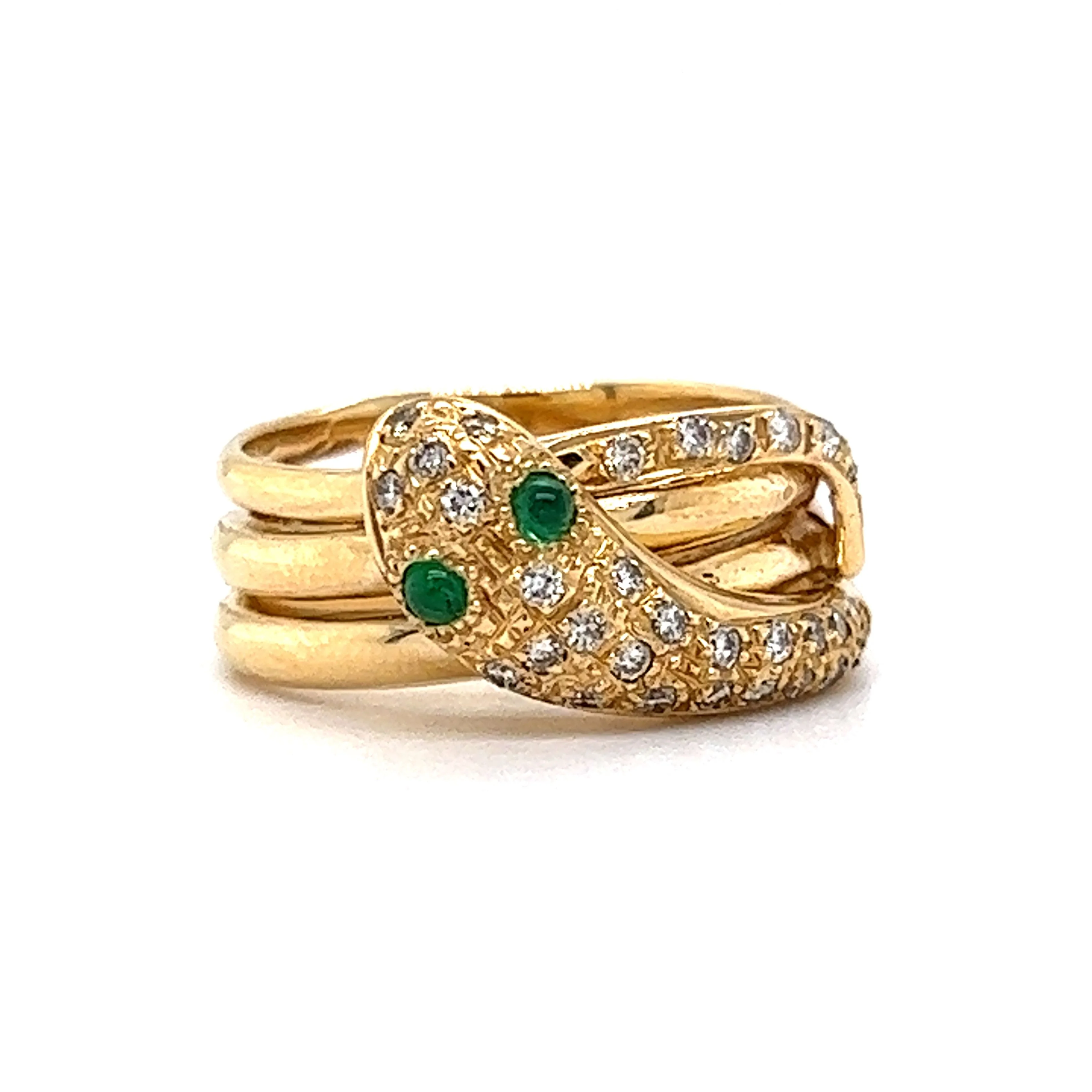 Modern Pave Diamond & Emerald Snake Ring in 18k Yellow Gold - Image 3