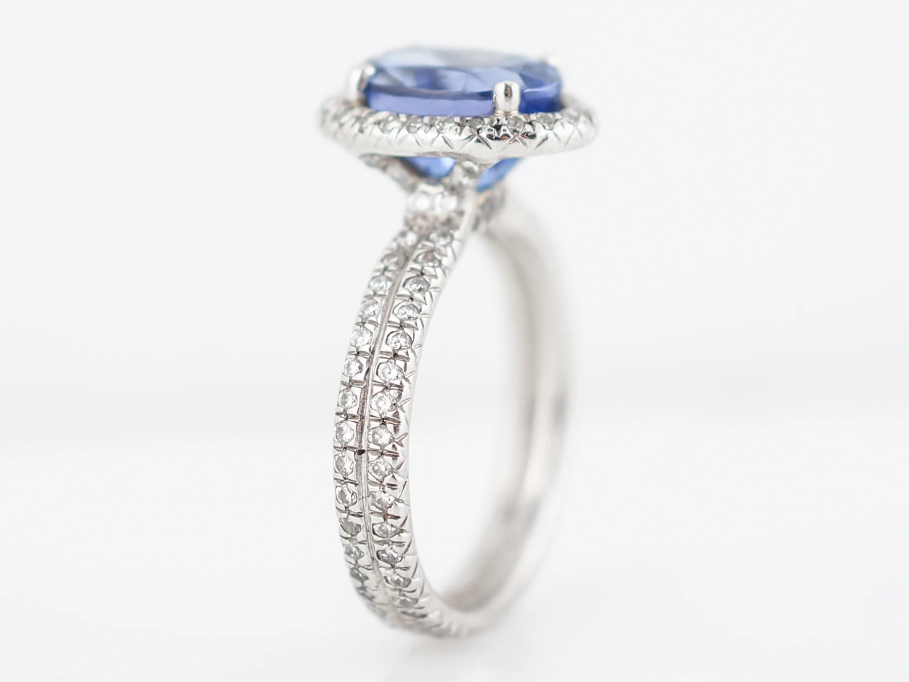 Modern Right Hand Ring 2.56 Oval Cut Halo Tanzanite & Micro Pave Round Diamonds in Platinum - Image 4
