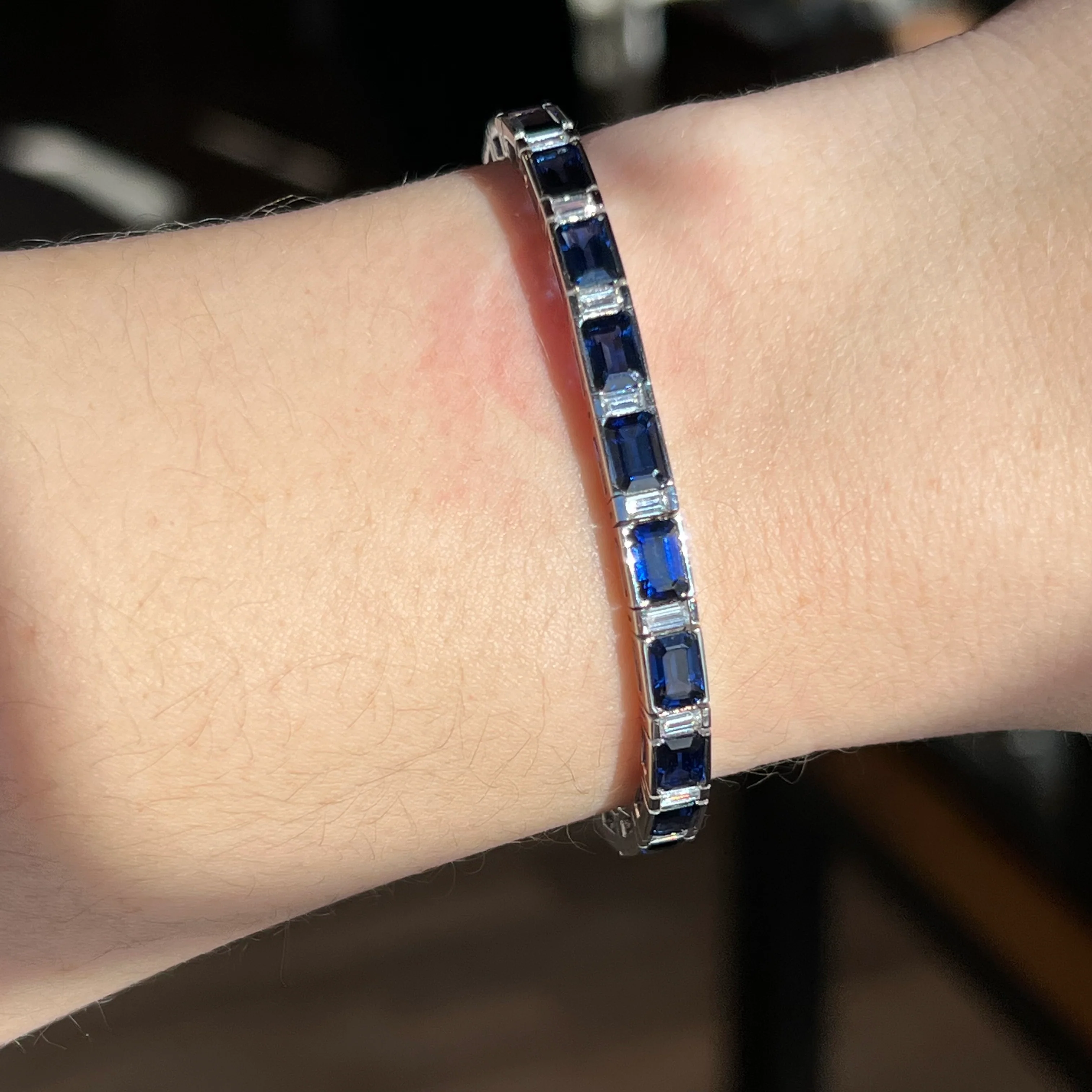 Modern Sapphire & Diamond Line Bracelet in 18k White Gold - Image 4