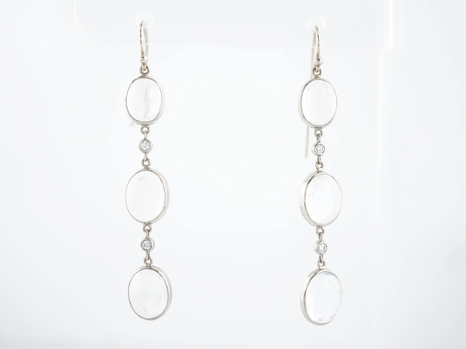 Modern Custom Moonstone and Diamond Dangle Earrings in 18 kt White Gold