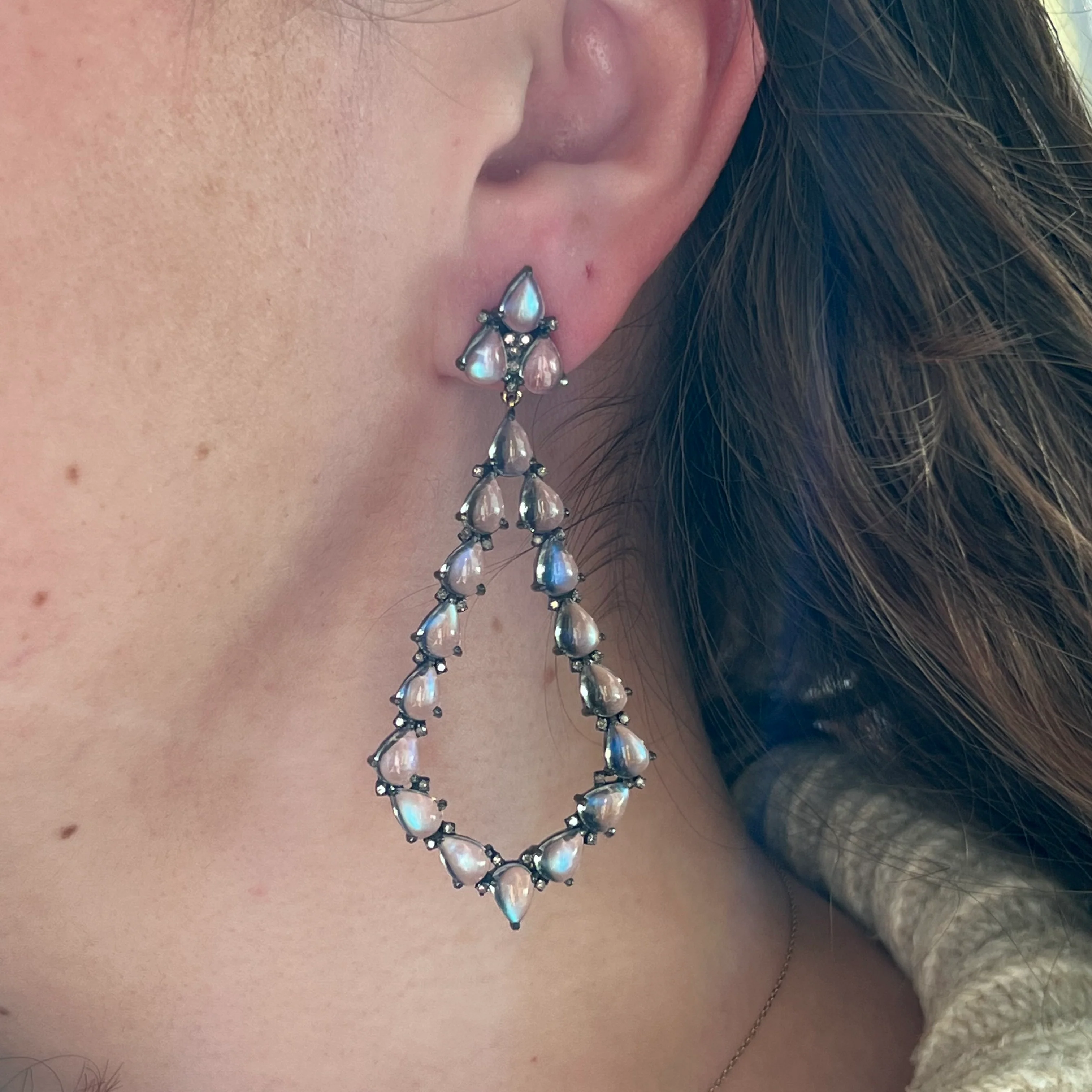 Moonstone & Diamond Drop Earrings in Sterling Silver - Image 4