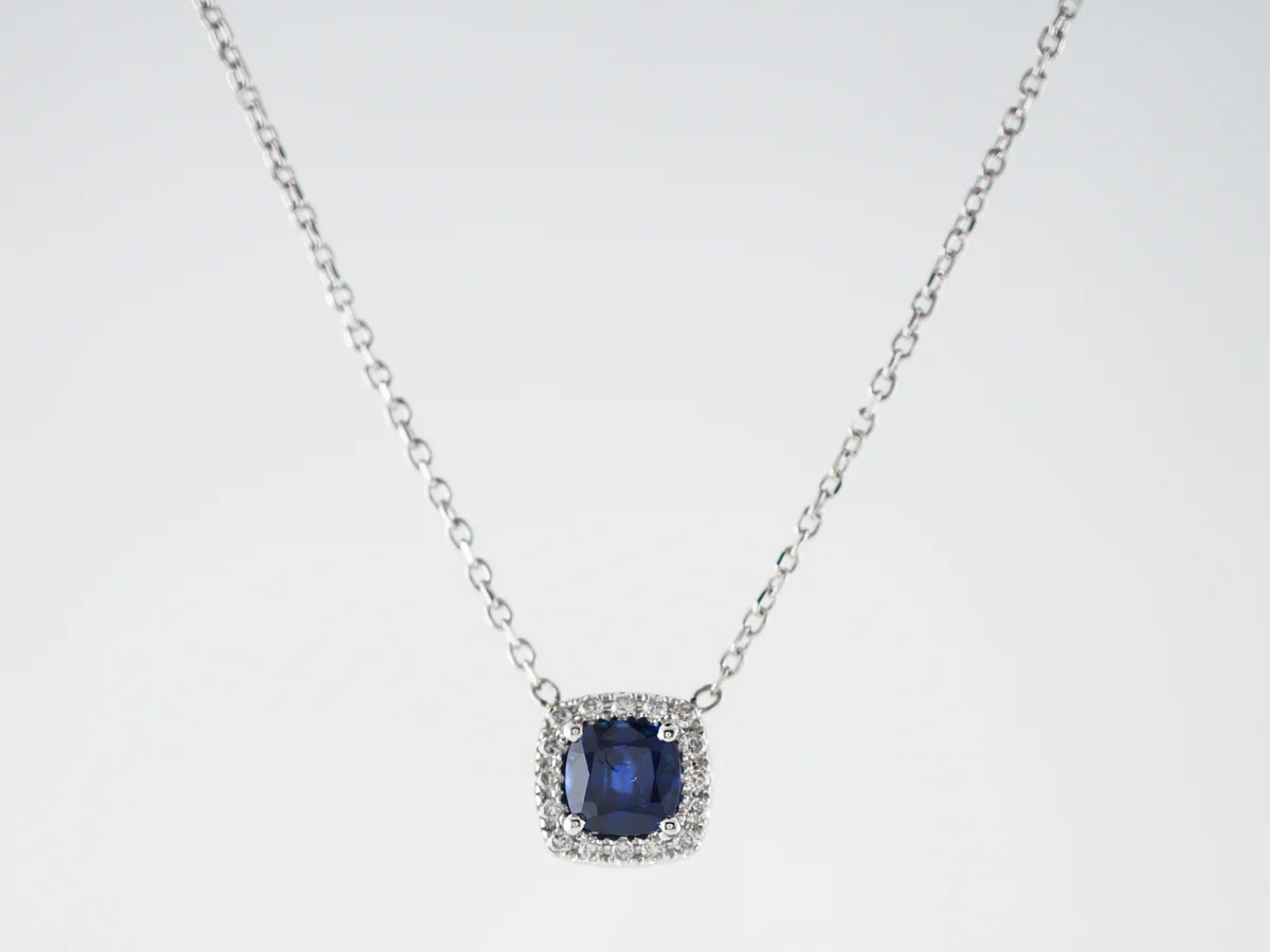 Necklace Modern .57 Square Step Cut Sapphire & Diamonds in 14k White Gold - Image 2