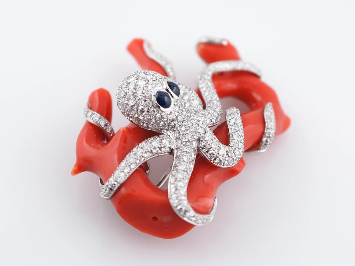 Octopus Brooch Modern 63.94 Coral & 2.68 Round Brilliant Diamonds in 18k White Gold - Image 3