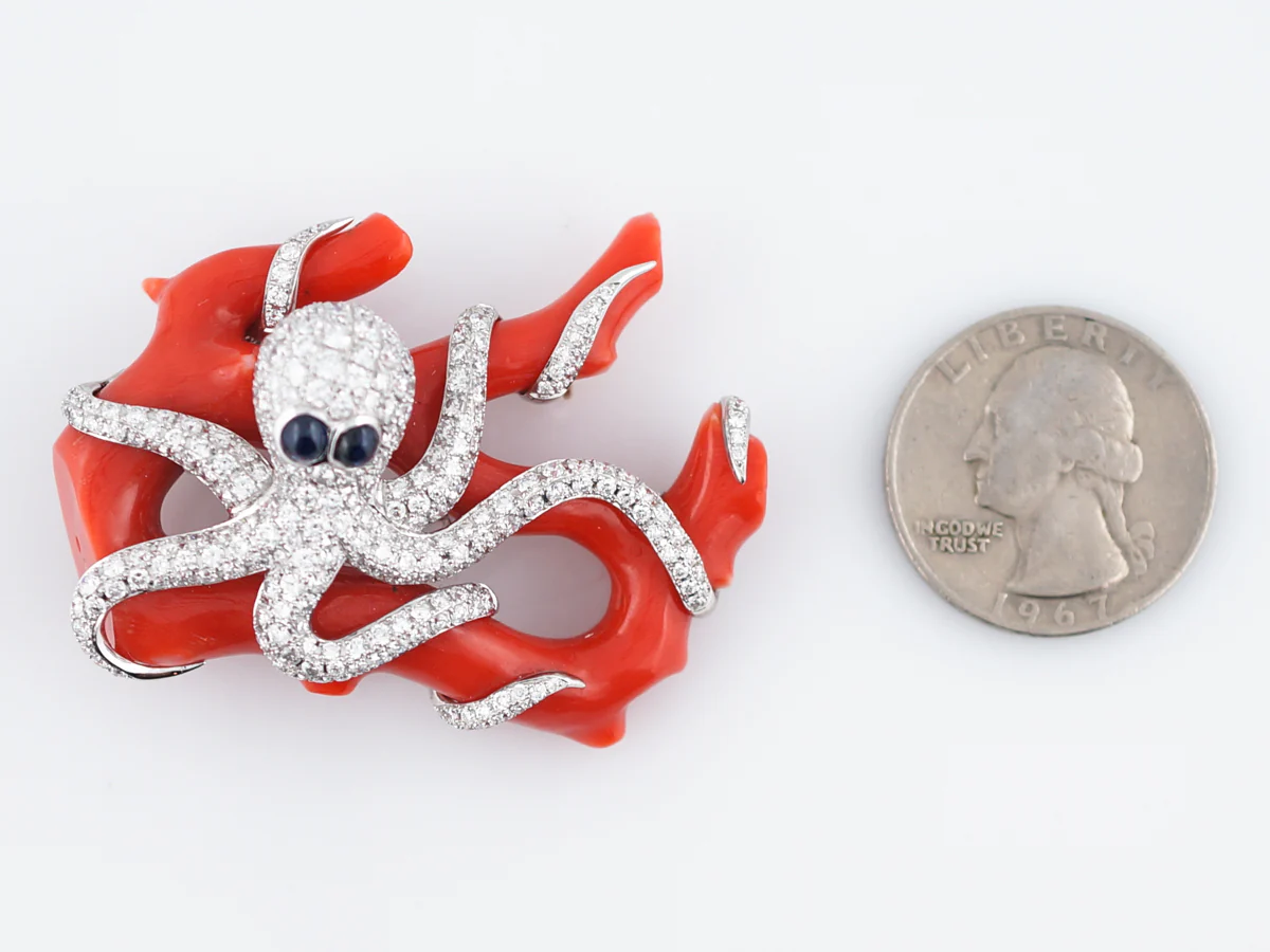 Octopus Brooch Modern 63.94 Coral & 2.68 Round Brilliant Diamonds in 18k White Gold - Image 4