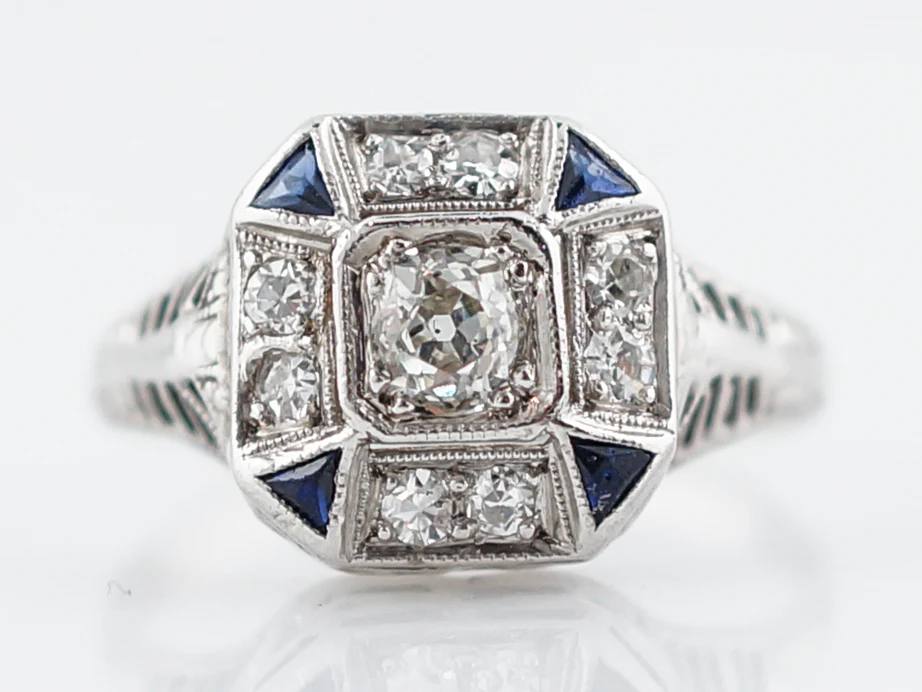 Old Euro Diamond & Sapphire Engagement Ring in 18k