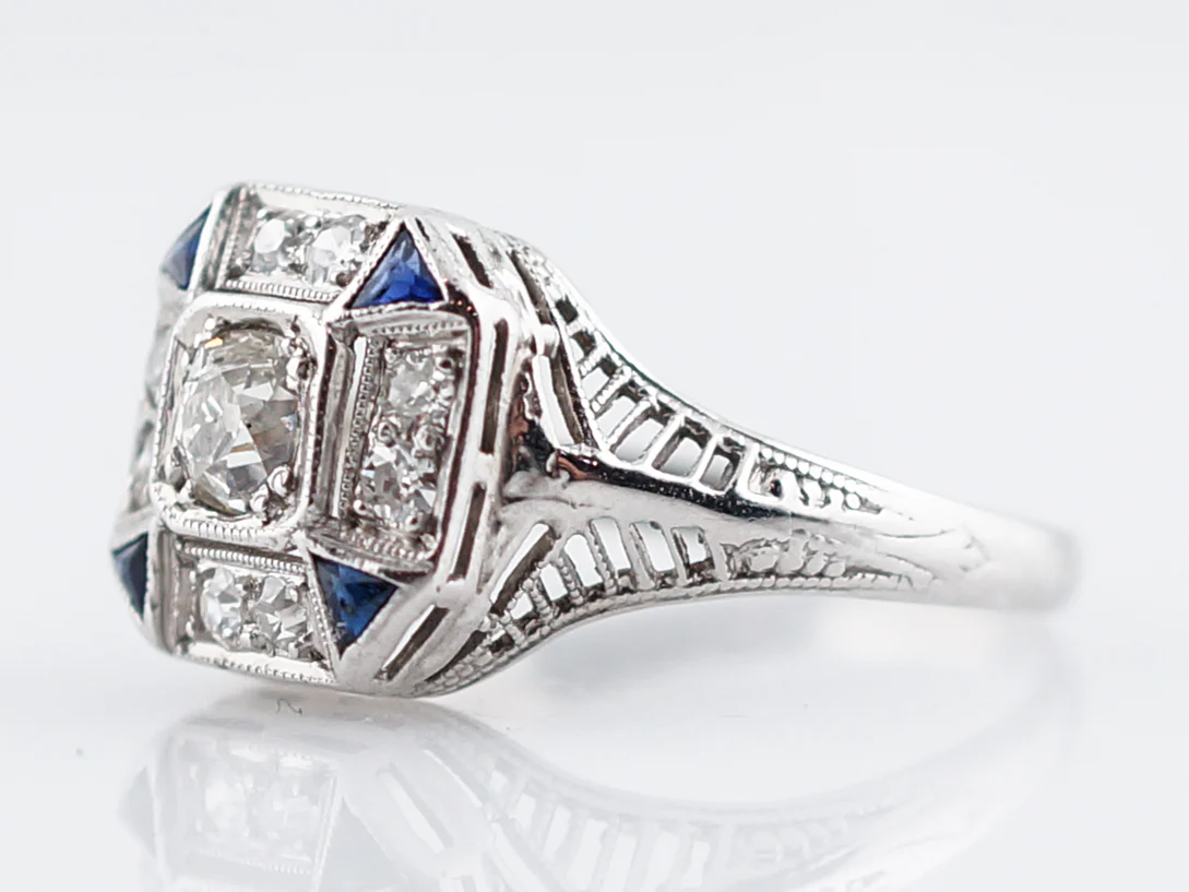 Old Euro Diamond & Sapphire Engagement Ring in 18k - Image 2