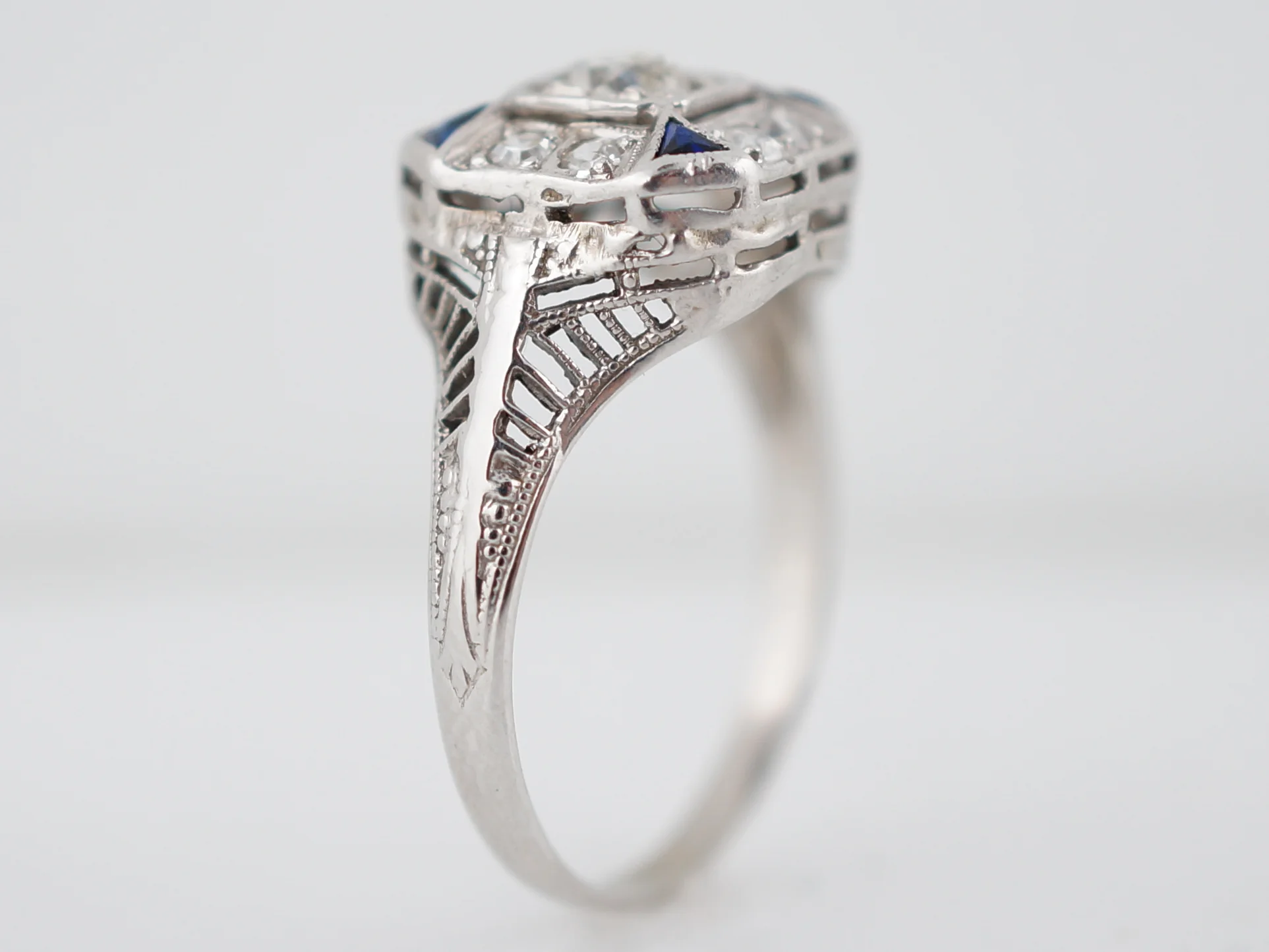 Old Euro Diamond & Sapphire Engagement Ring in 18k - Image 5