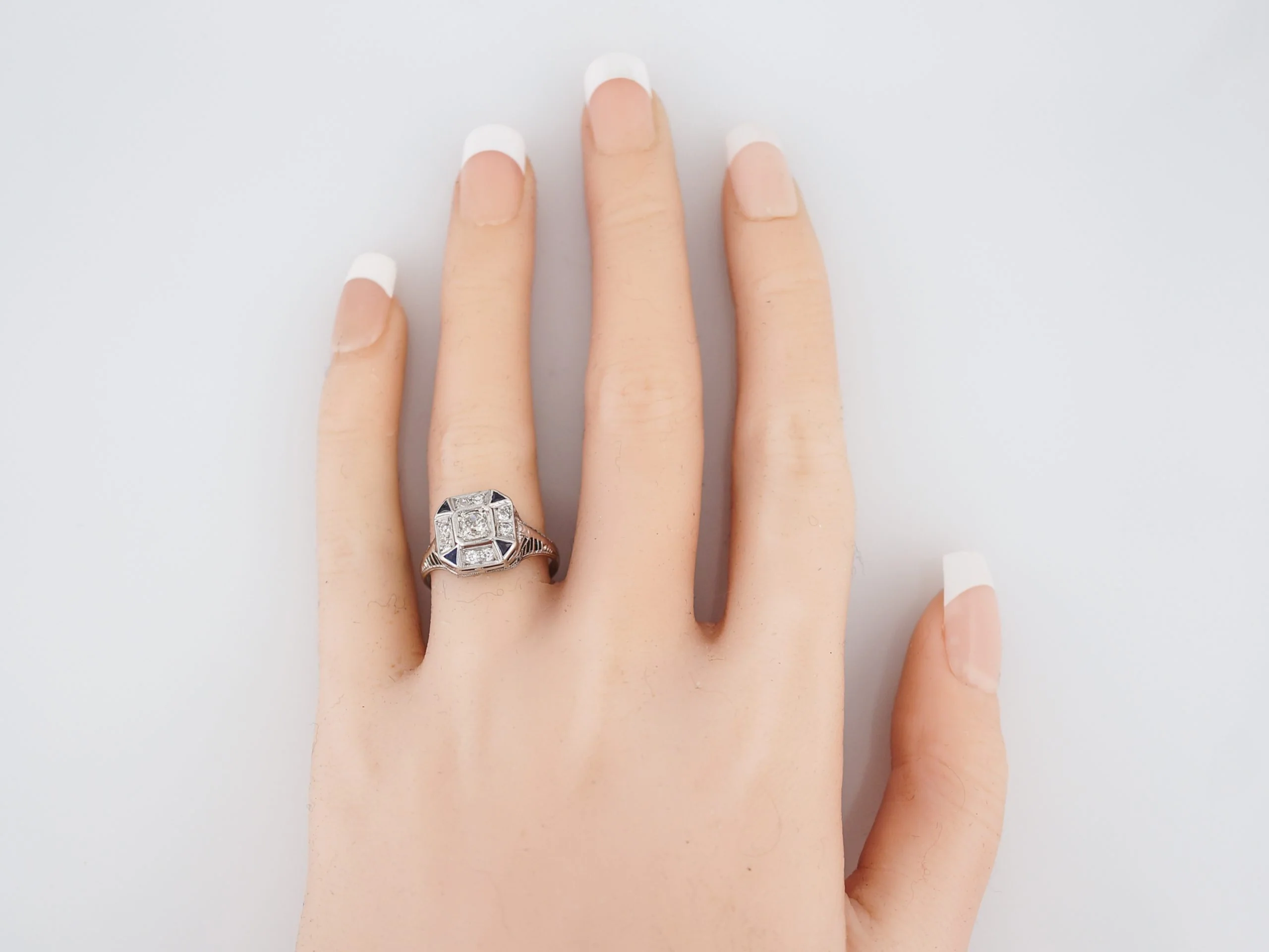 Old Euro Diamond & Sapphire Engagement Ring in 18k - Image 6