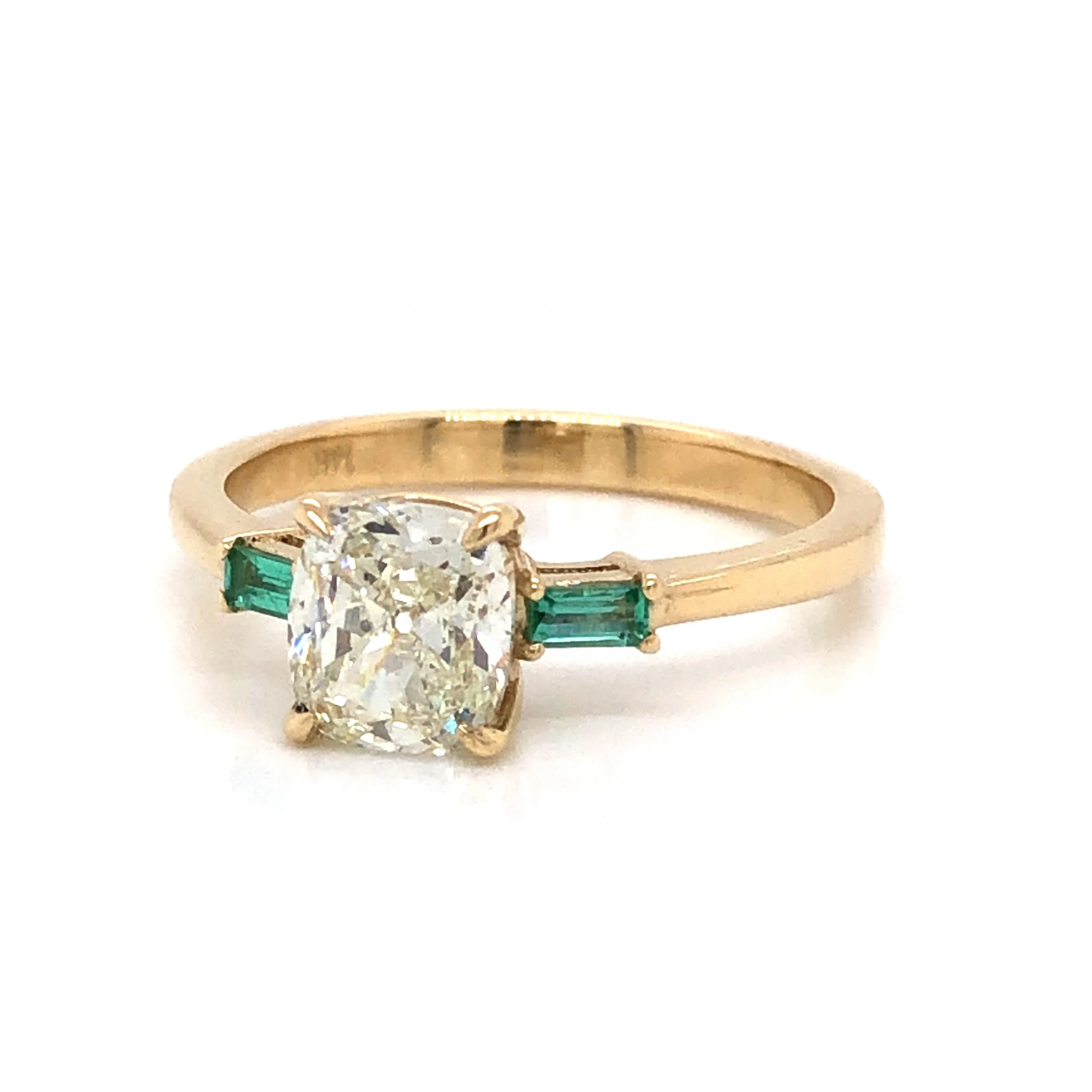 Old Mine Cushion Cut Diamond Engagement Ring w/ Emerald Accents - Image 2