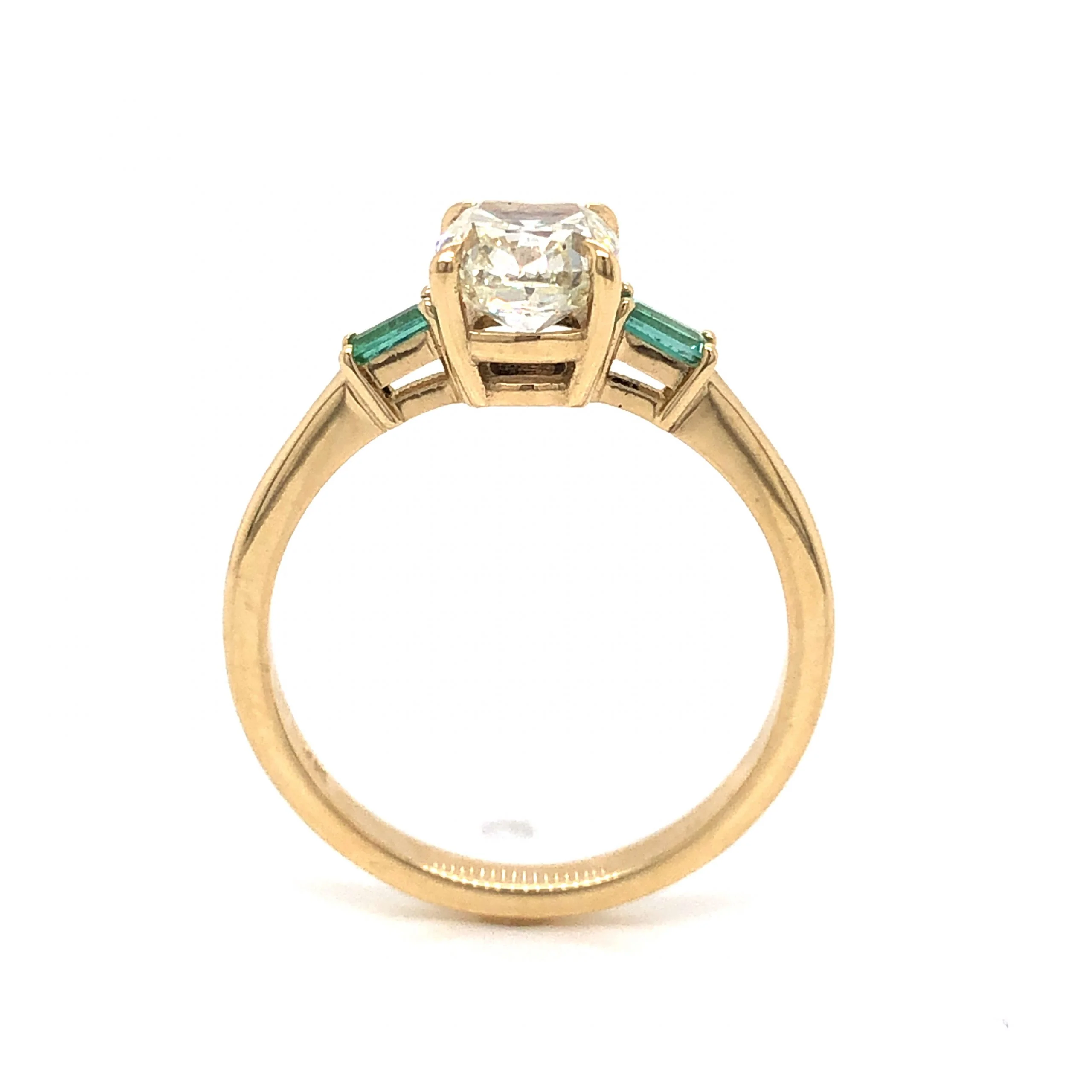 Old Mine Cushion Cut Diamond Engagement Ring w/ Emerald Accents - Image 4