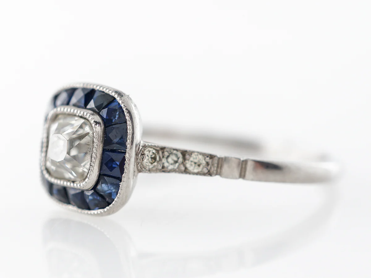 Old Mine Diamond & Sapphire Halo Engagement Ring Platinum - Image 2