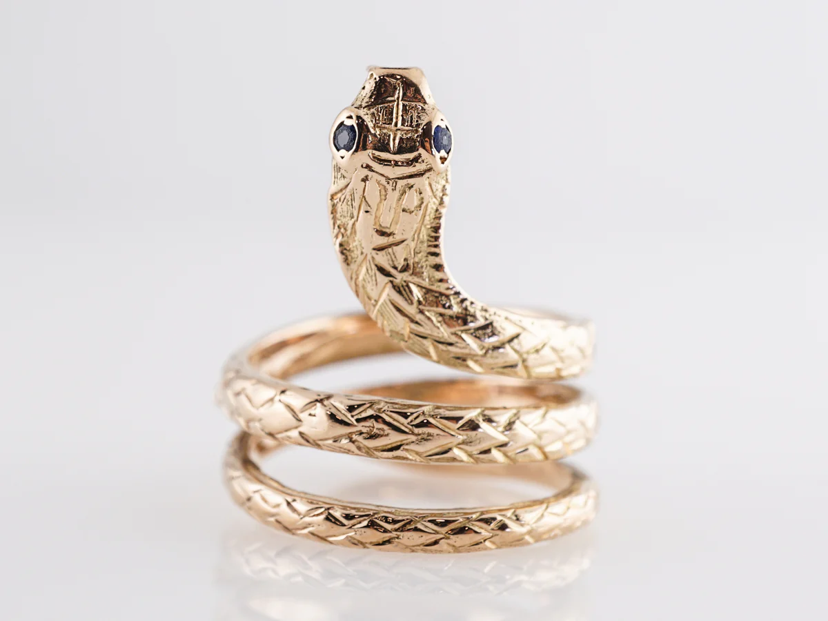 Victorian Snake Ring w/ Sapphire Eyes in 18k Yellow Gold