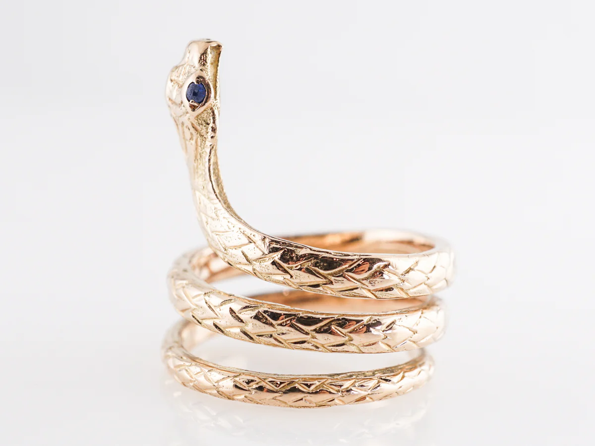Victorian Snake Ring w/ Sapphire Eyes in 18k Yellow Gold - Image 2