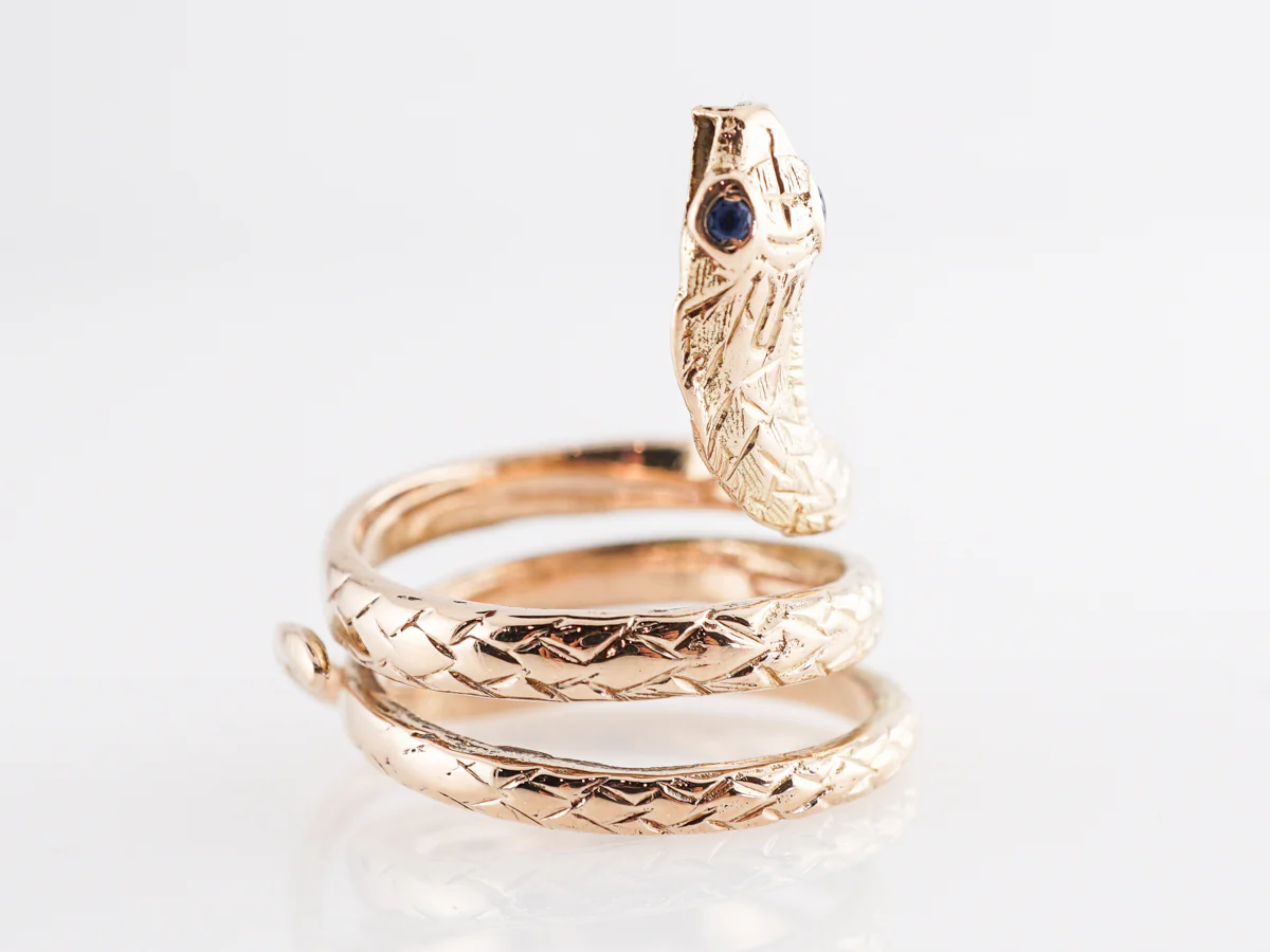 Victorian Snake Ring w/ Sapphire Eyes in 18k Yellow Gold - Image 3