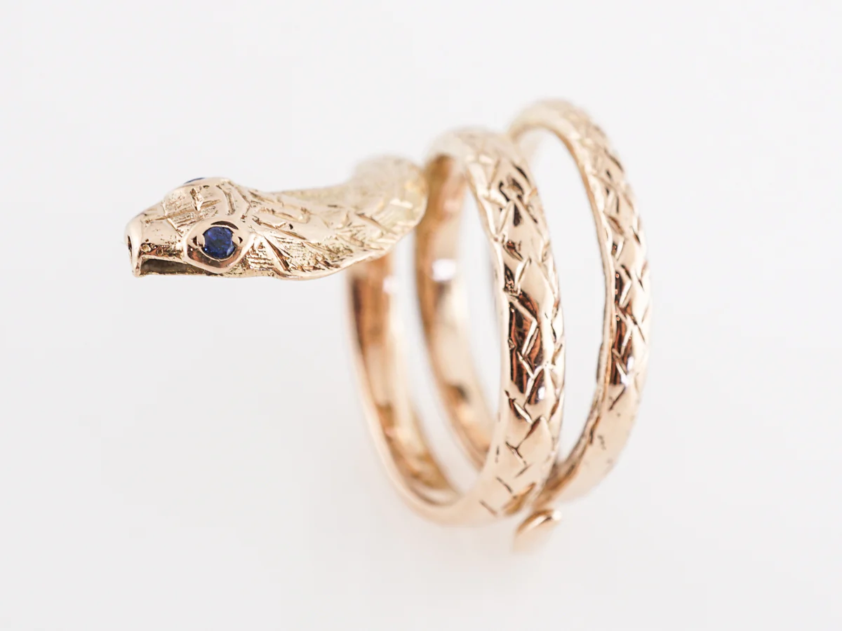 Victorian Snake Ring w/ Sapphire Eyes in 18k Yellow Gold - Image 5