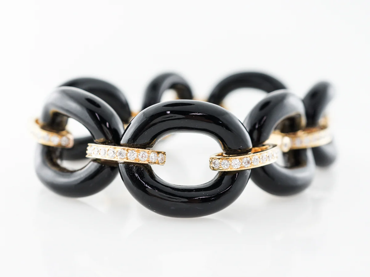 Onyx Link Bracelet w/ Round Brilliant Diamonds 14k - Image 3
