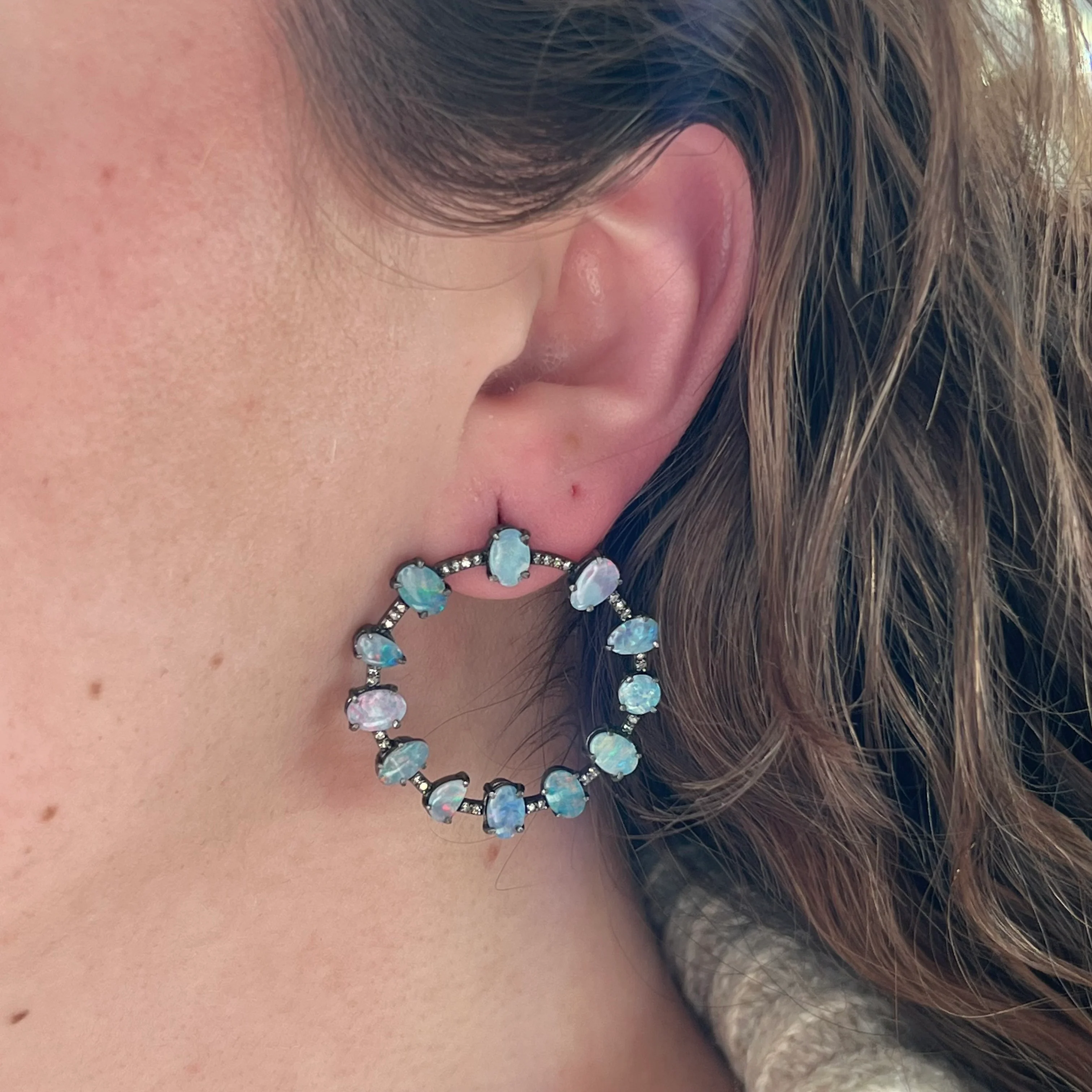 Opal & Diamond Circle Drop Earrings in Sterling Silver - Image 4