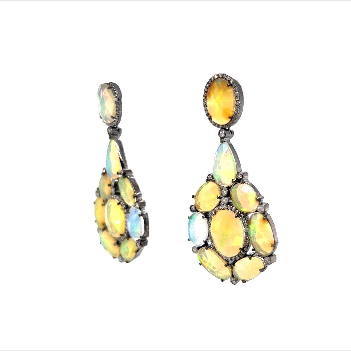 Opal & Diamond Cluster Drop Earrings in Sterling Silver - Image 2