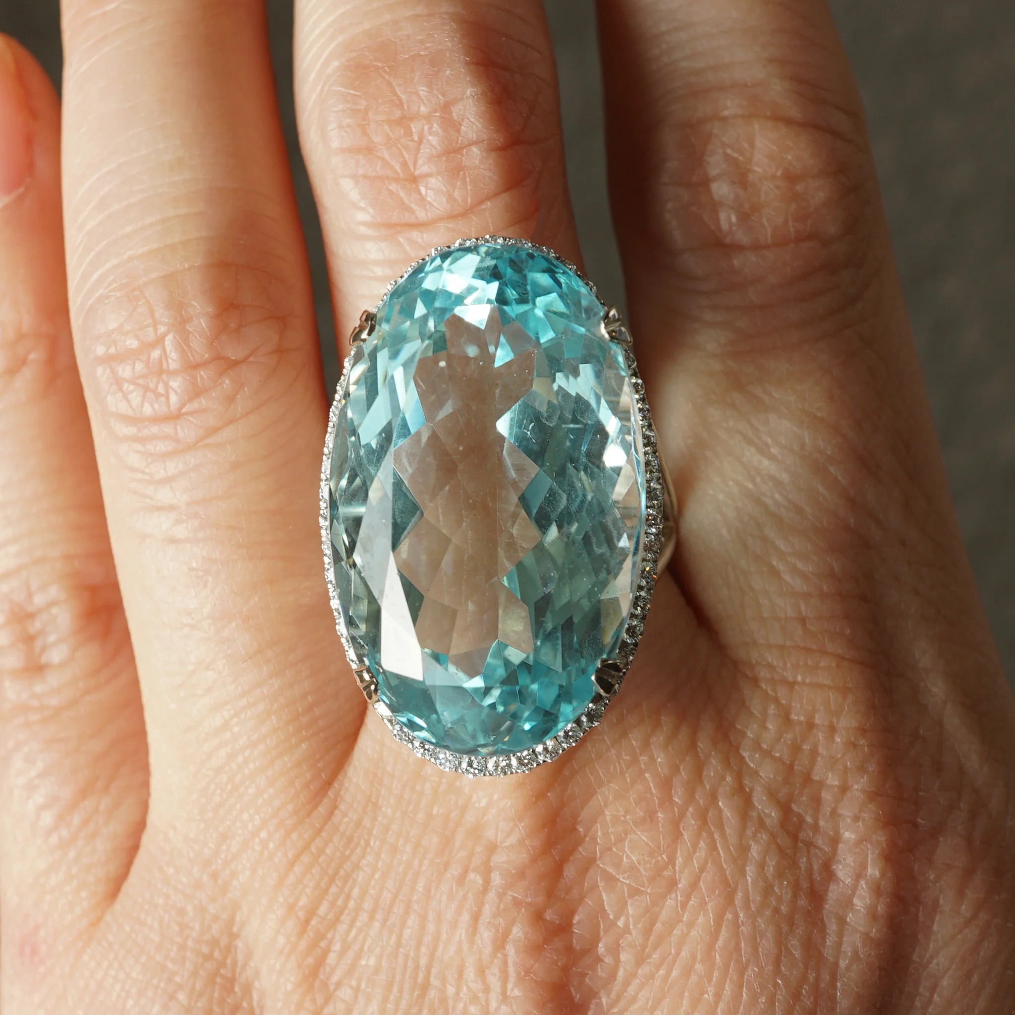 Oval Aquamarine & Diamond Cocktail Ring 14k White Gold - Image 7