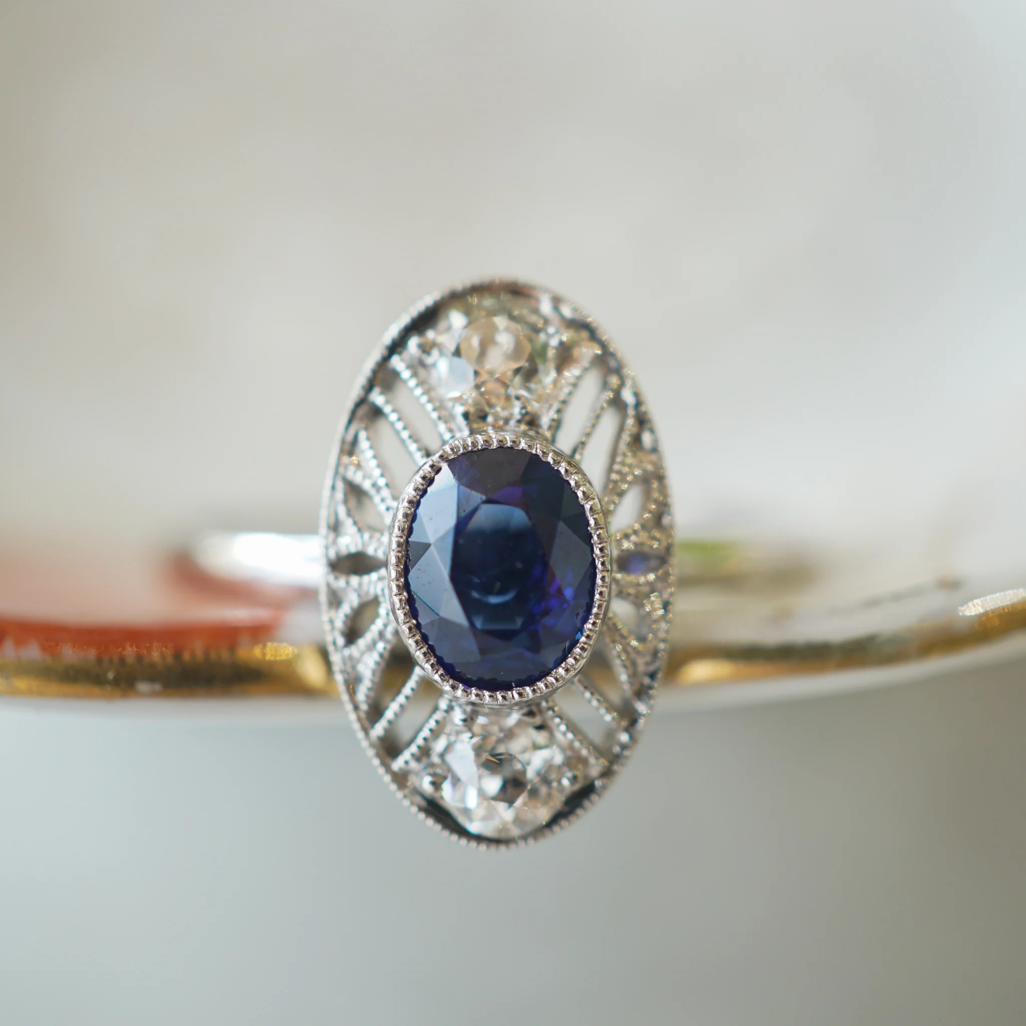 Oval Art Deco Sapphire & Diamond Ring in 14k & Platinum - Image 6