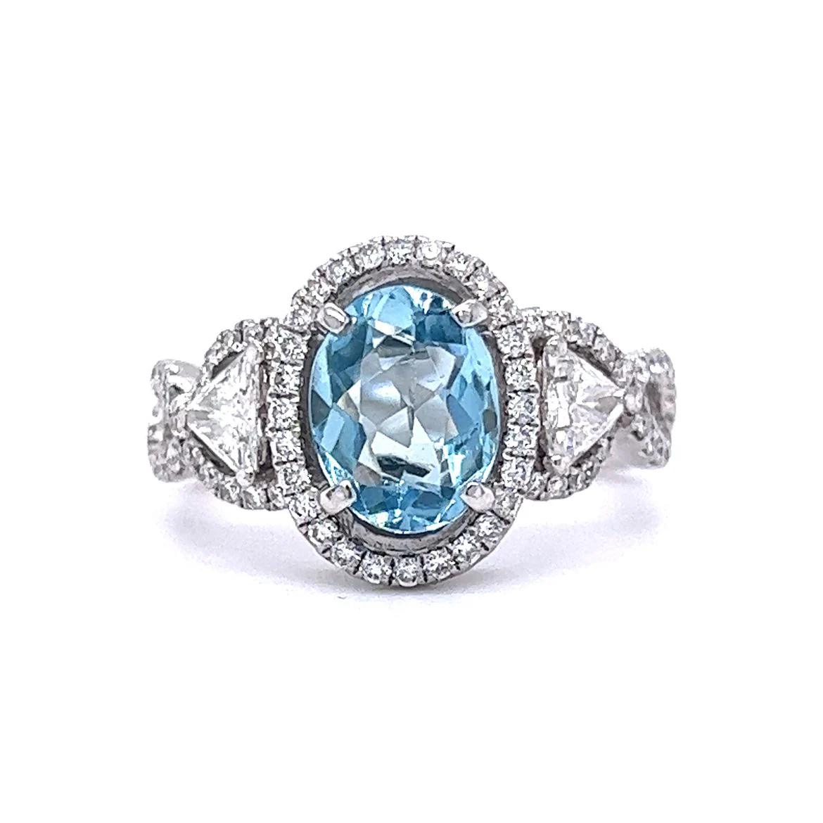 Oval Cut Aquamarine Ring w/ Diamonds in 18K White Gold