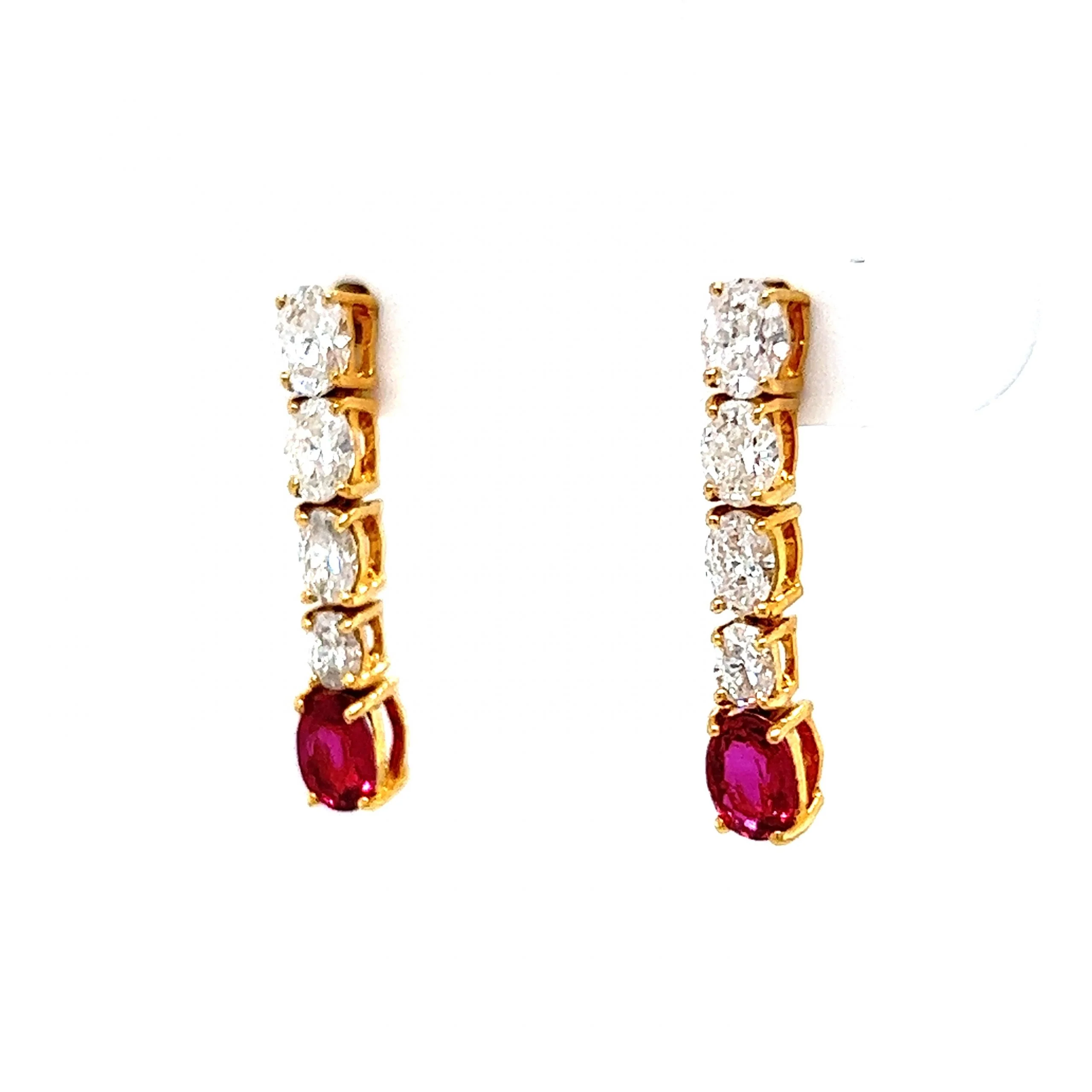 Oval Cut Diamond & Ruby Drop Earrings in 18k Yellow Gold - Image 2