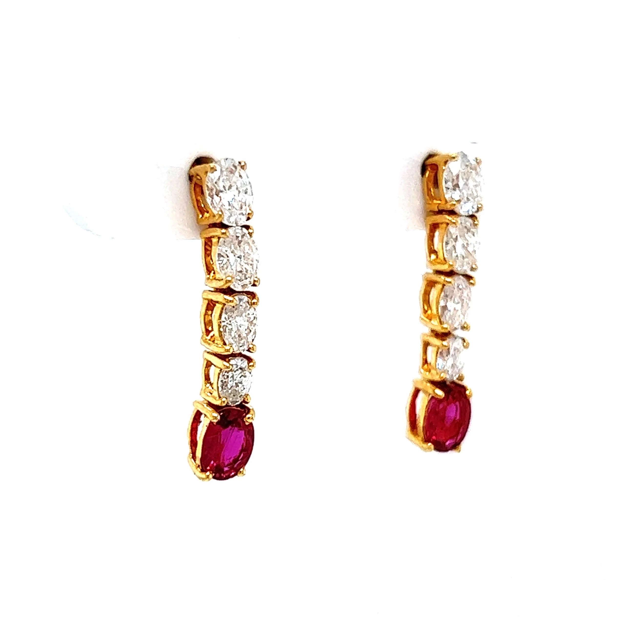 Oval Cut Diamond & Ruby Drop Earrings in 18k Yellow Gold - Image 3