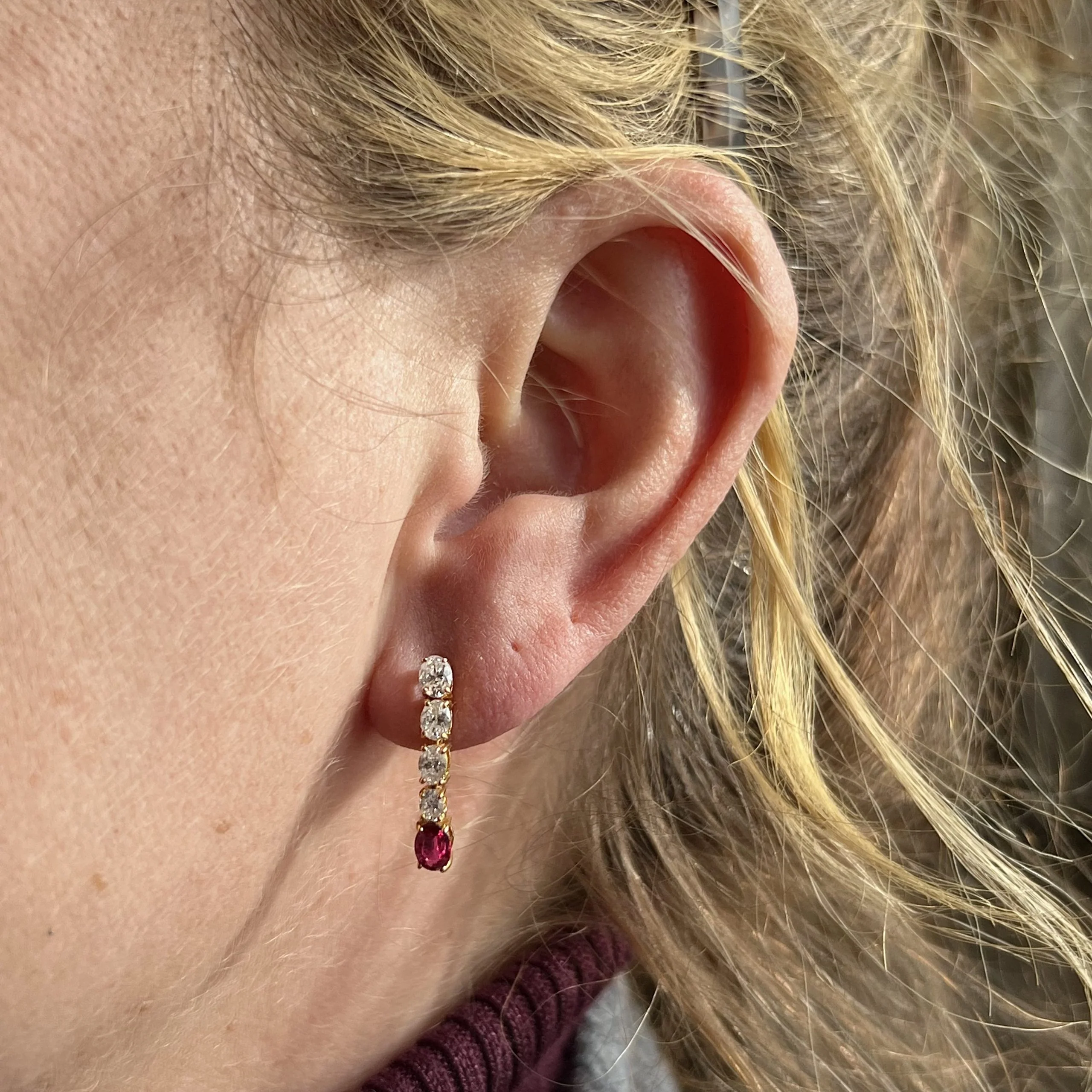 Oval Cut Diamond & Ruby Drop Earrings in 18k Yellow Gold - Image 4