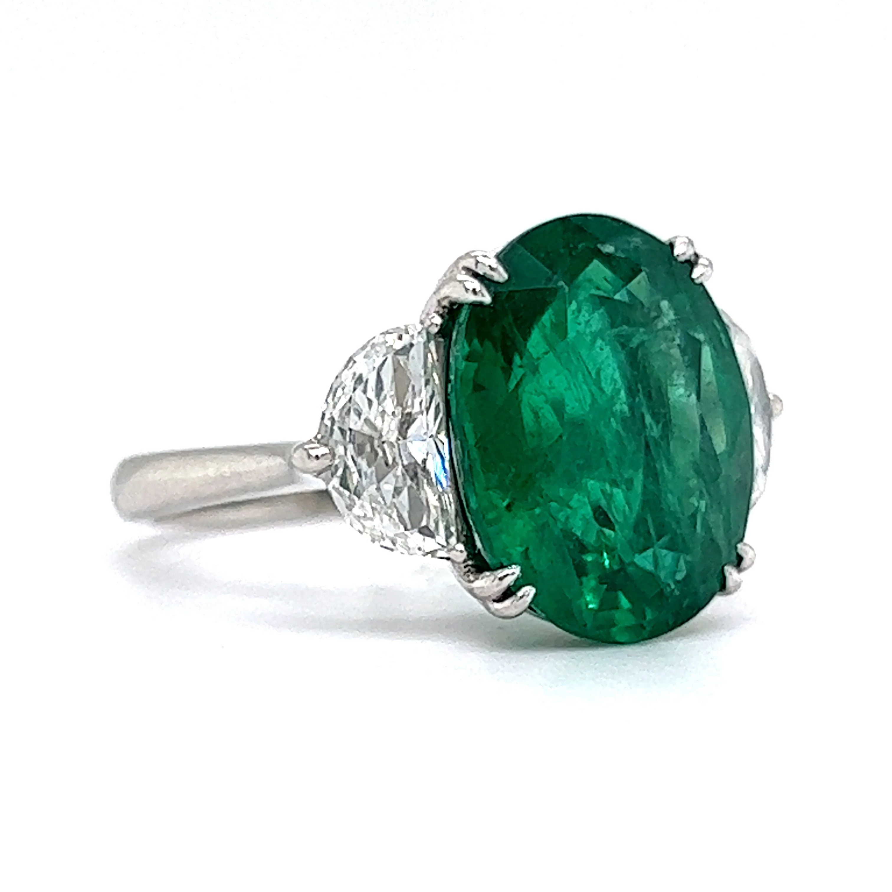 Oval Cut Emerald & Half Moon Diamond Cocktail Ring in Platinum - Image 3