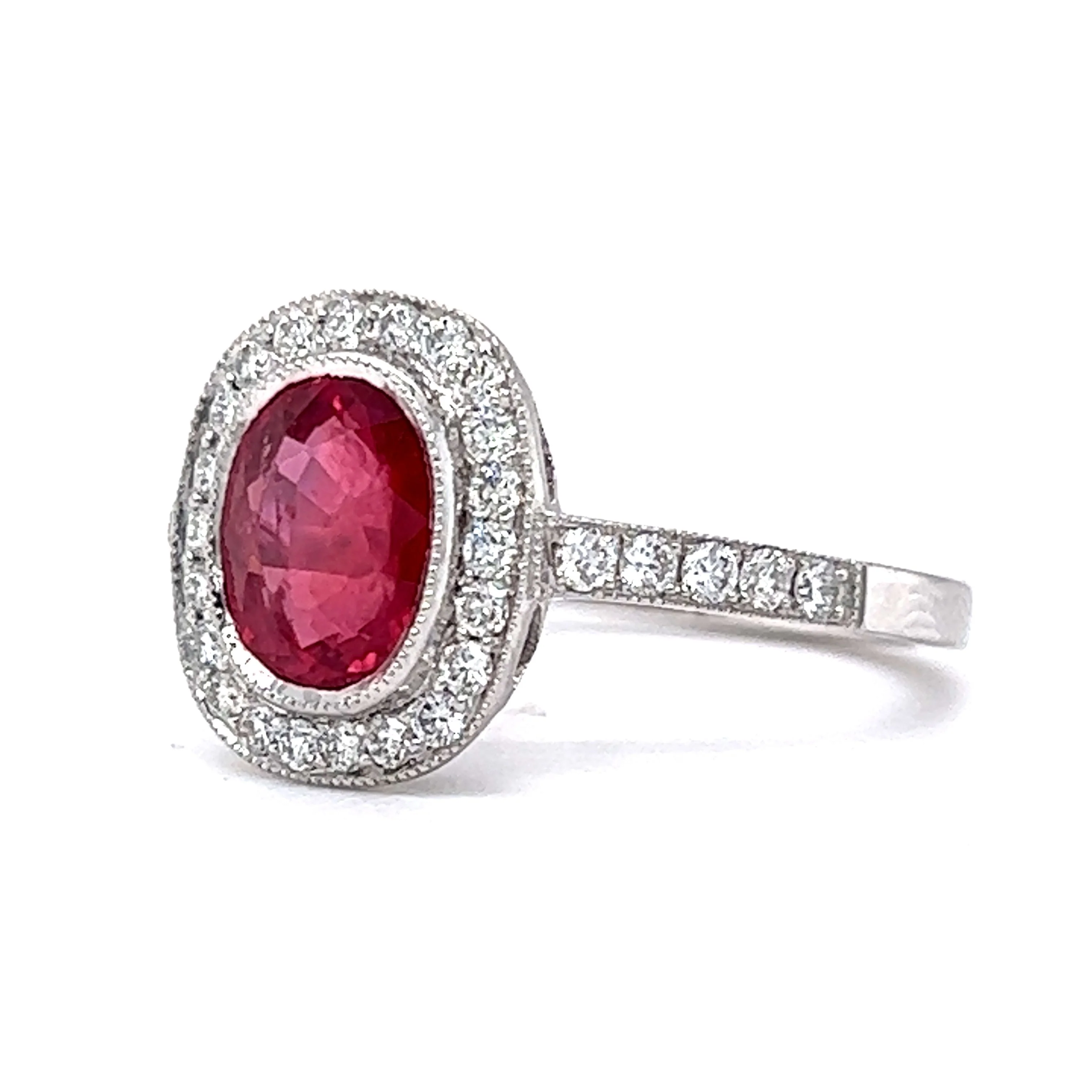 Oval Cut Red Sapphire & Diamond Halo Ring in Platinum - Image 2
