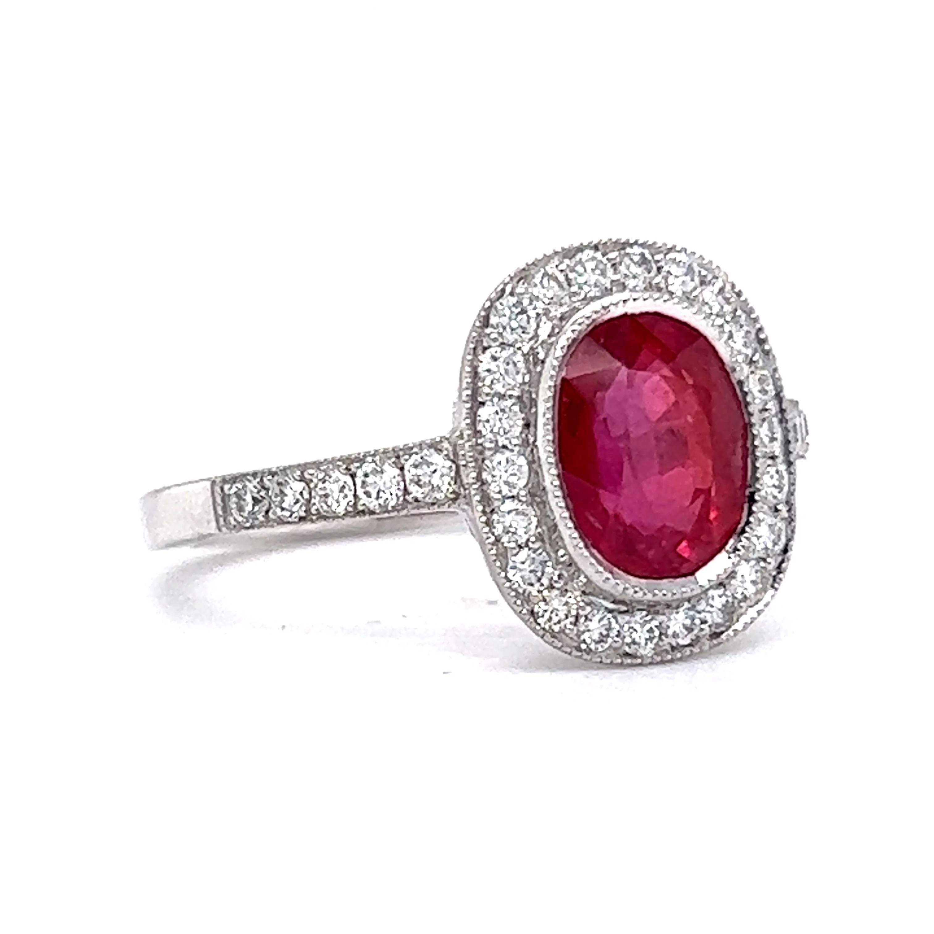Oval Cut Red Sapphire & Diamond Halo Ring in Platinum - Image 3