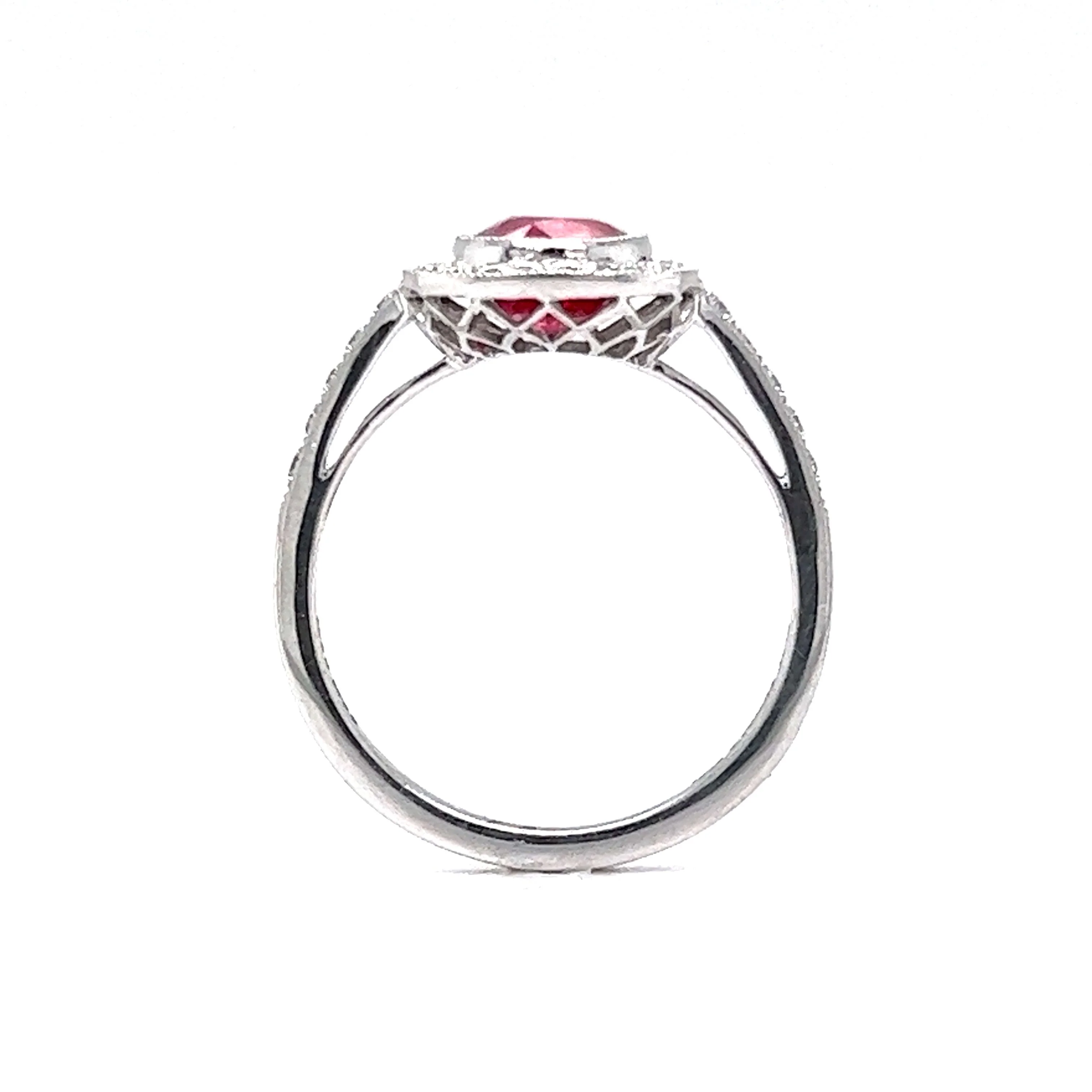 Oval Cut Red Sapphire & Diamond Halo Ring in Platinum - Image 4