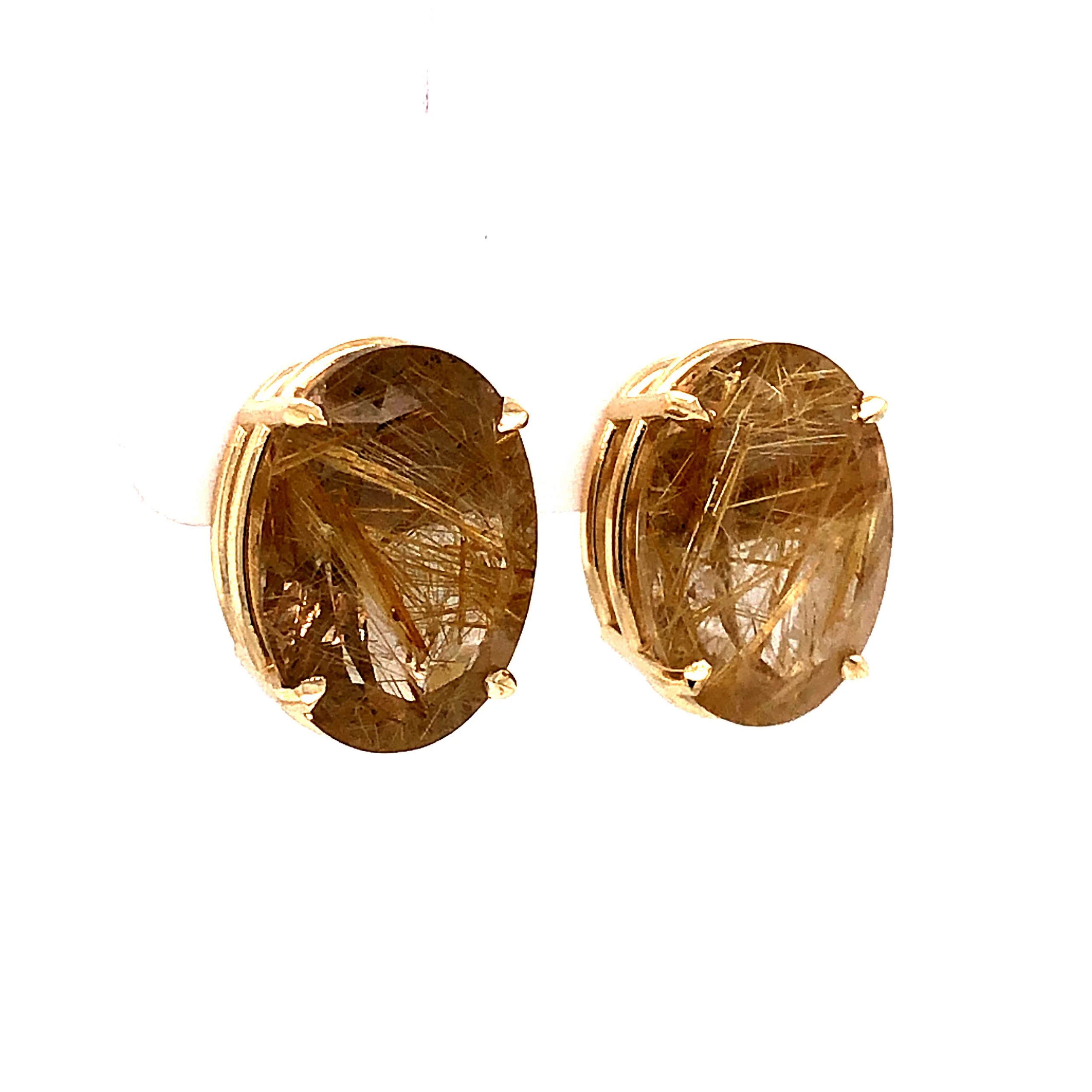 Oval Cut Rutilated Quartz Stud Earrings in 14k Yellow Gold - Image 3