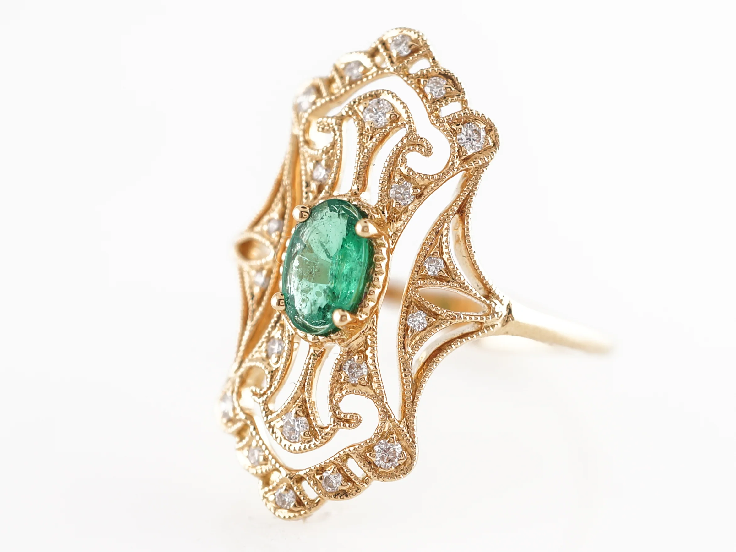 Oval Emerald Cocktail Ring w/ Diamond Accents in 18K - Image 2