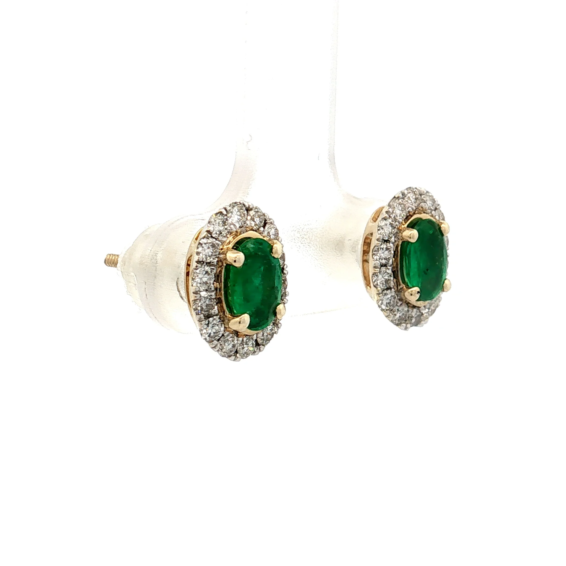 Oval Emerald & Diamond Halo Stud Earrings 14k - Image 3