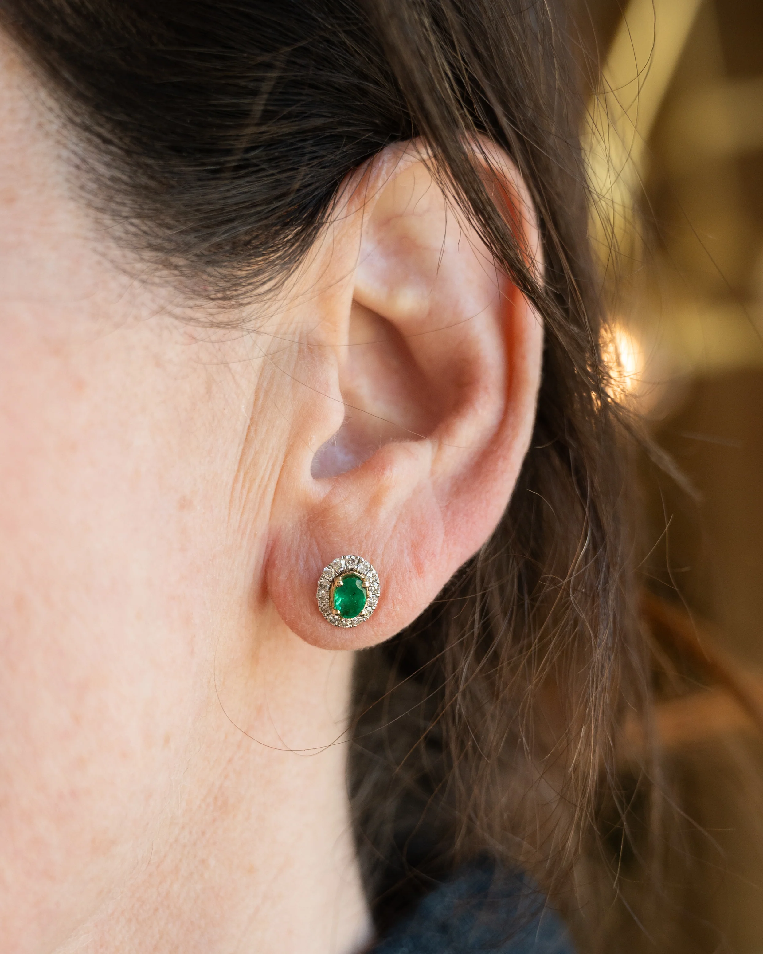 Oval Emerald & Diamond Halo Stud Earrings 14k - Image 5