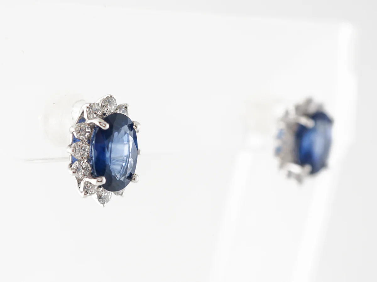 Oval Sapphire & Diamond Halo Earrings in Platinum - Image 3