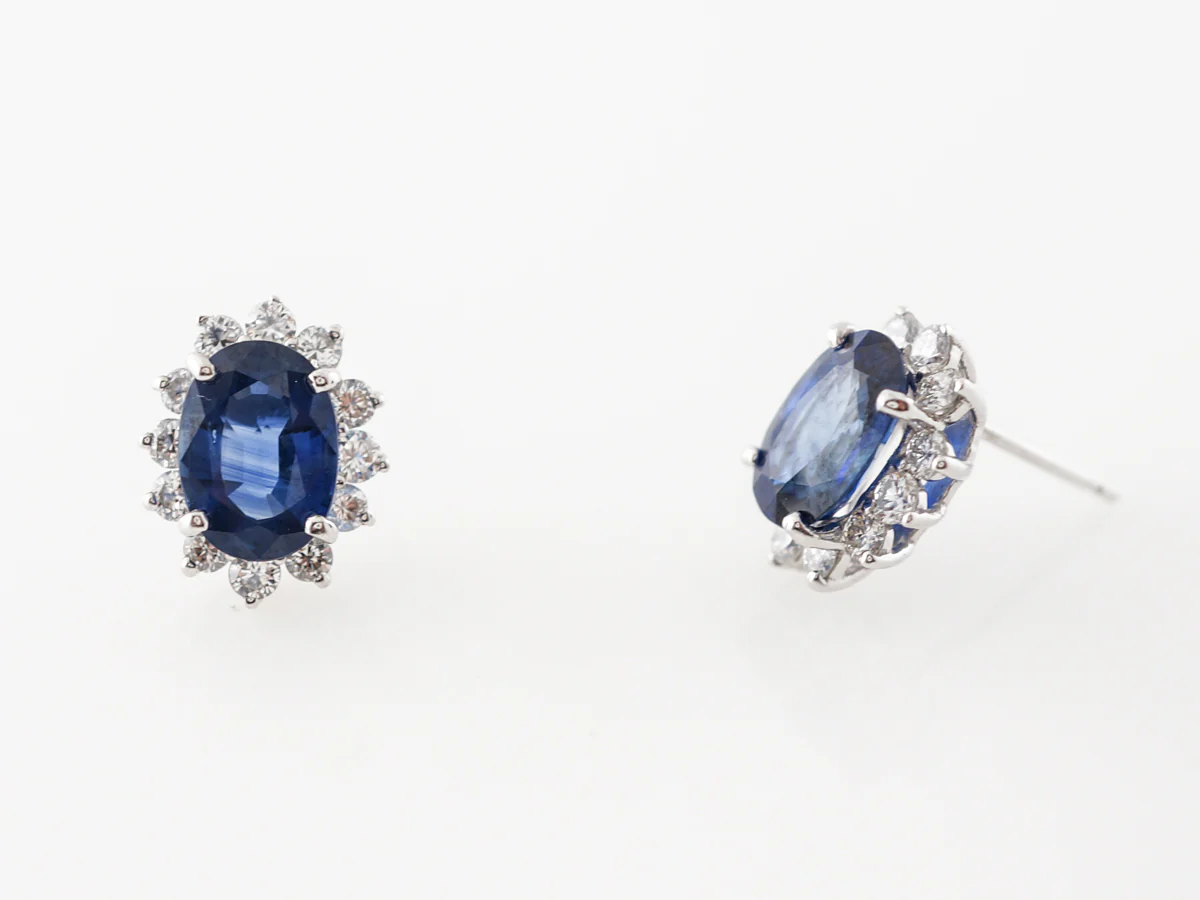 Oval Sapphire & Diamond Halo Earrings in Platinum - Image 5