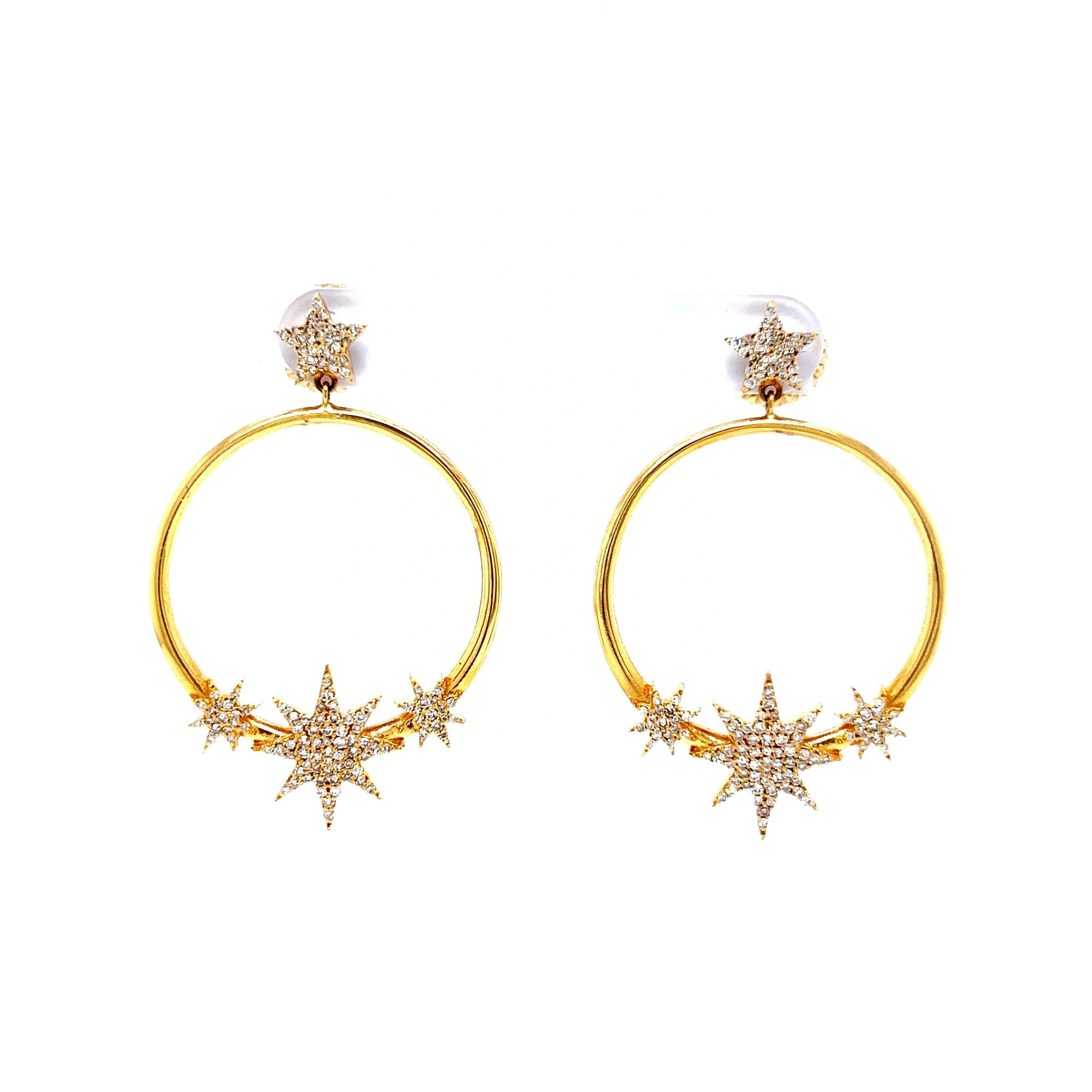 Pave Diamond Celestial Star Hoop Earrings in 14k Yellow Gold