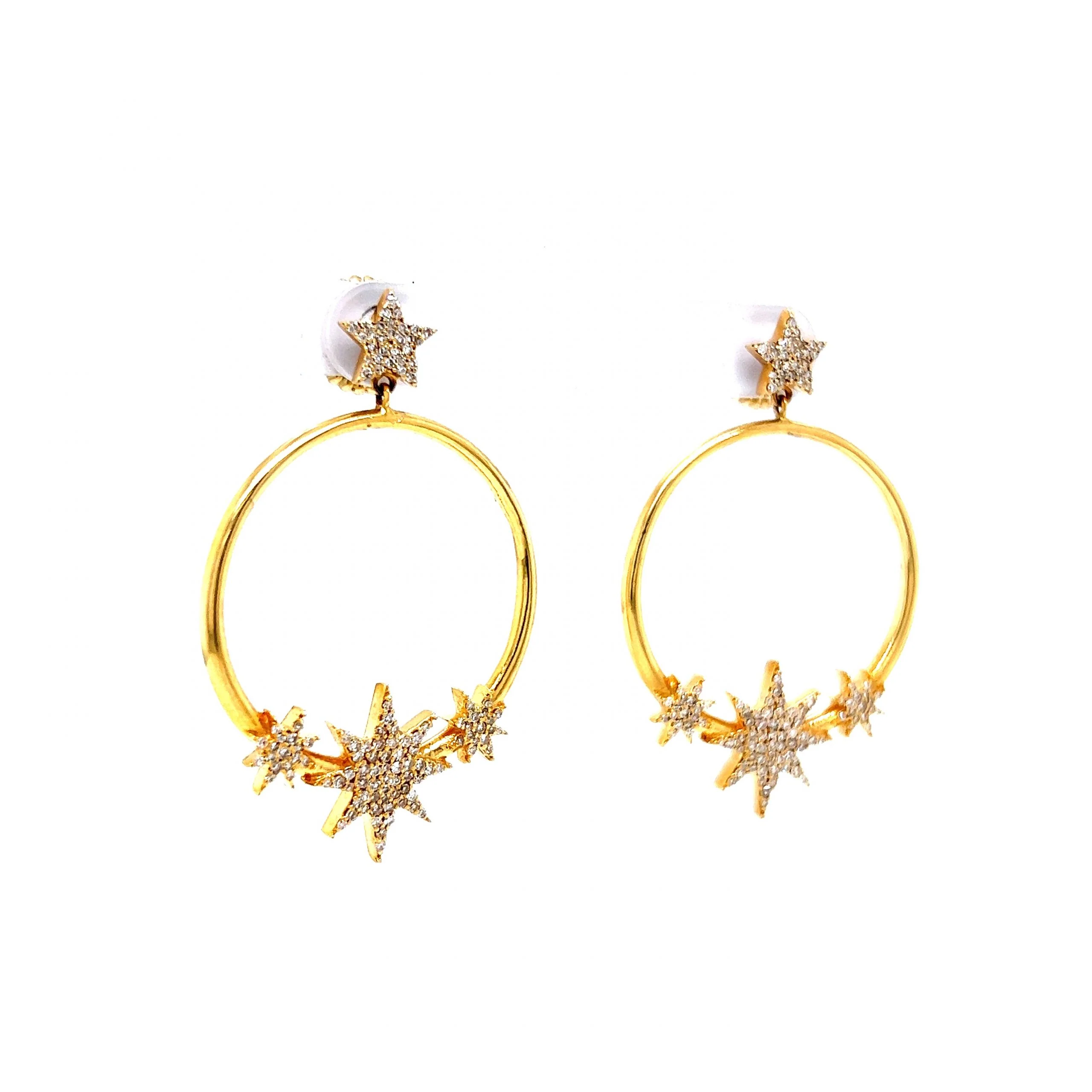 Pave Diamond Celestial Star Hoop Earrings in 14k Yellow Gold - Image 3