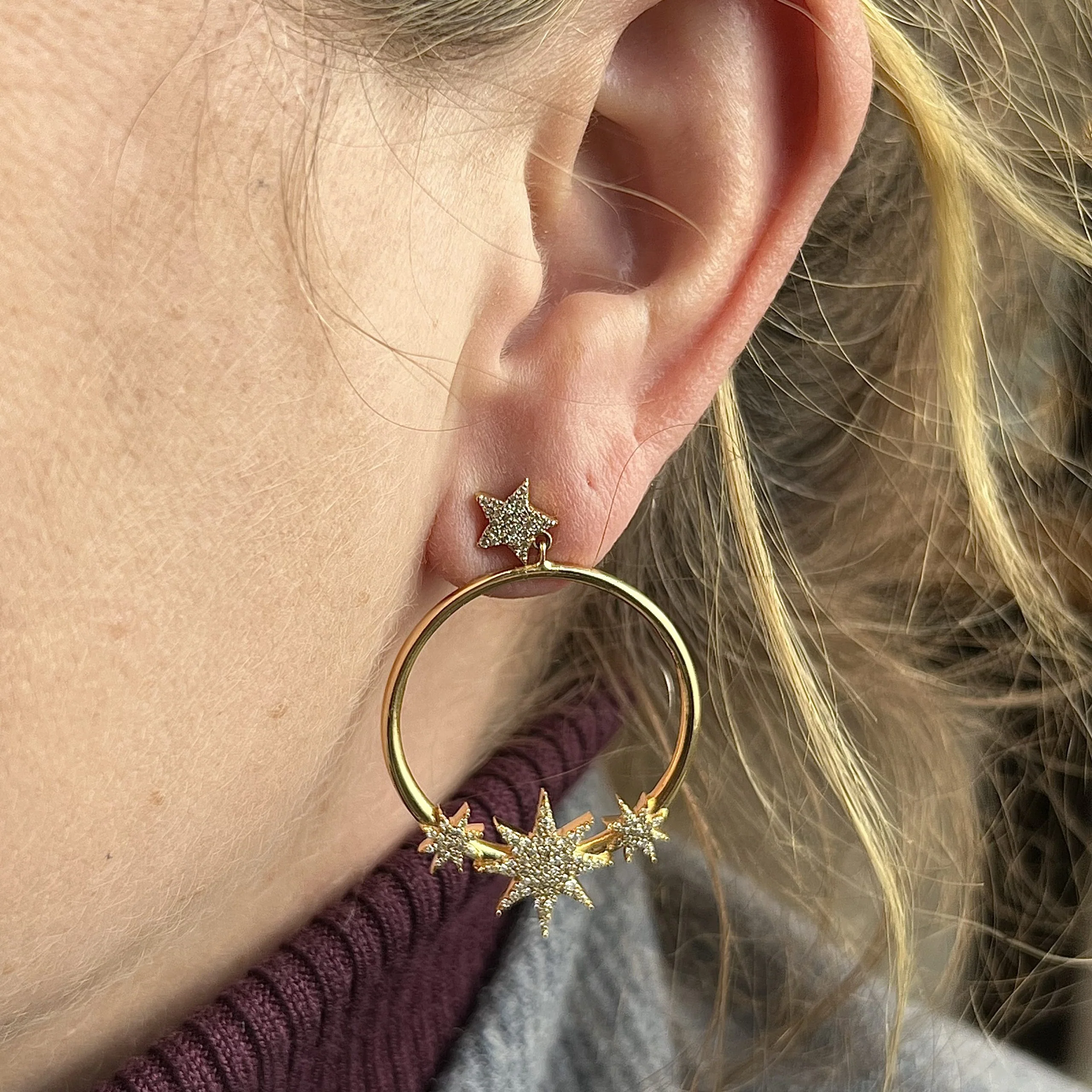 Pave Diamond Celestial Star Hoop Earrings in 14k Yellow Gold - Image 4