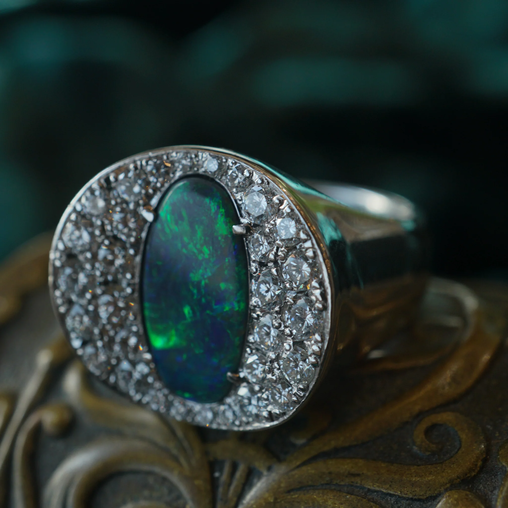 Pave Diamond & Opal Cocktail Ring in Platinum - Image 7