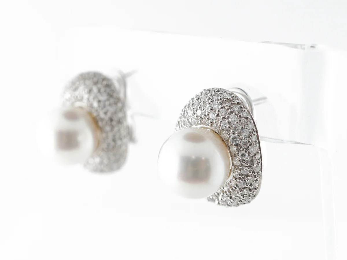 Pave Diamond & Pearl Earrings in Platinum - Image 2