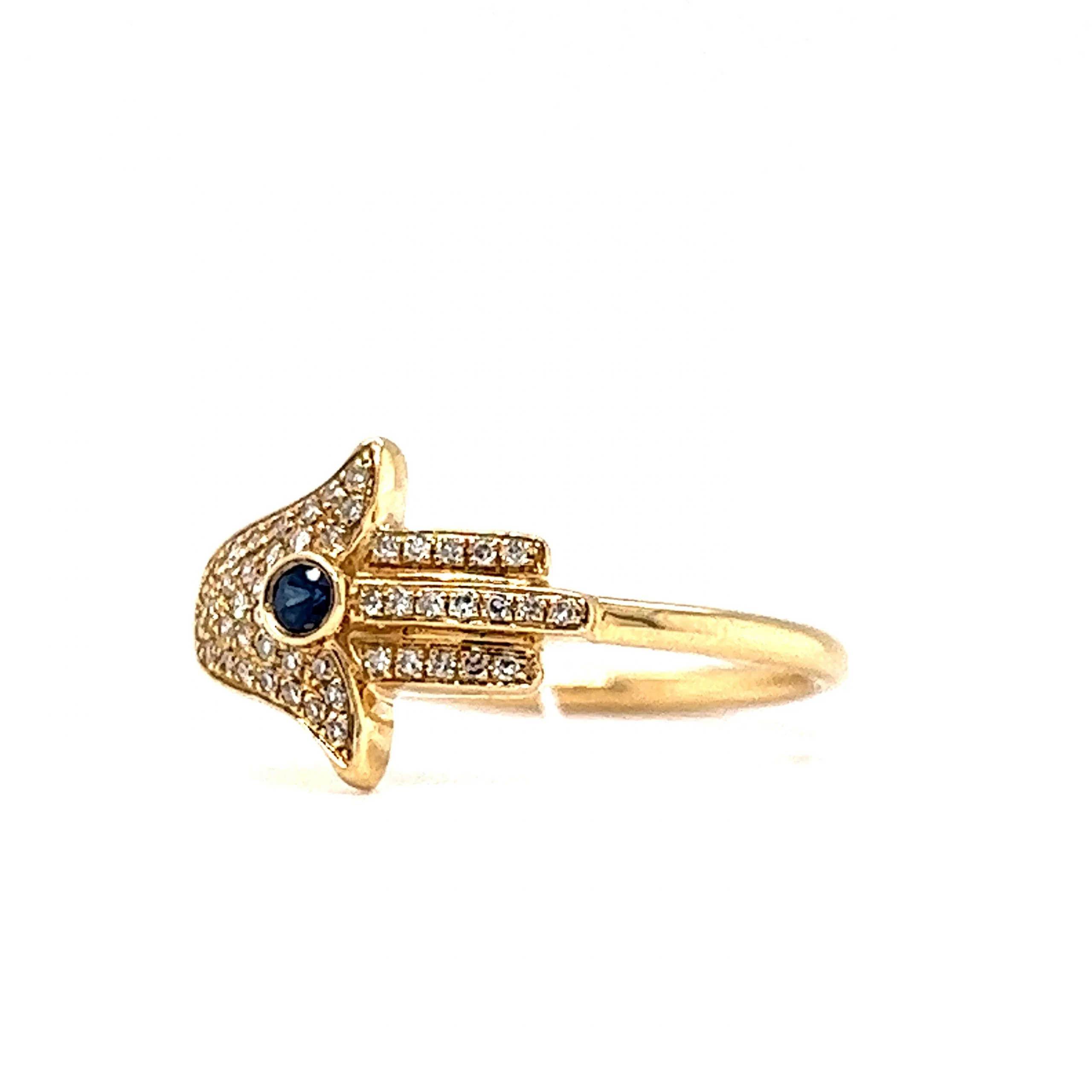 Pave Diamond & Sapphire Hamsa Hand Ring in 14k Yellow Gold - Image 2